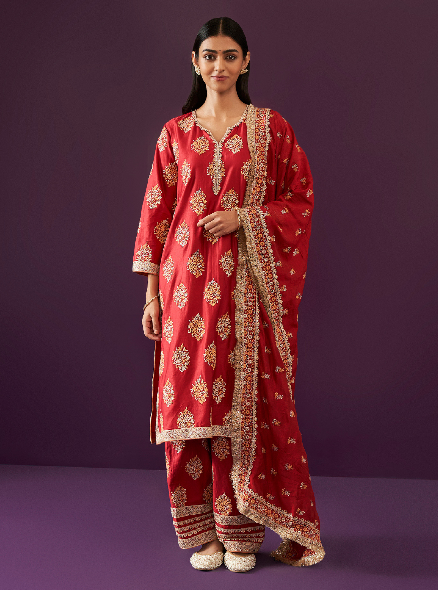 Calita Pima Satin Red Kurta Set