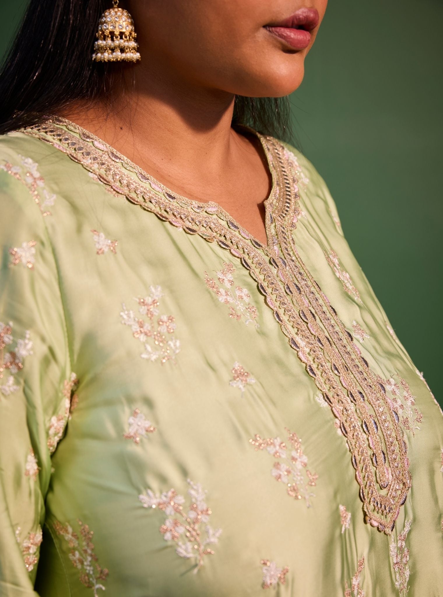 Mangalam Cupro Satin Green Kurta Set