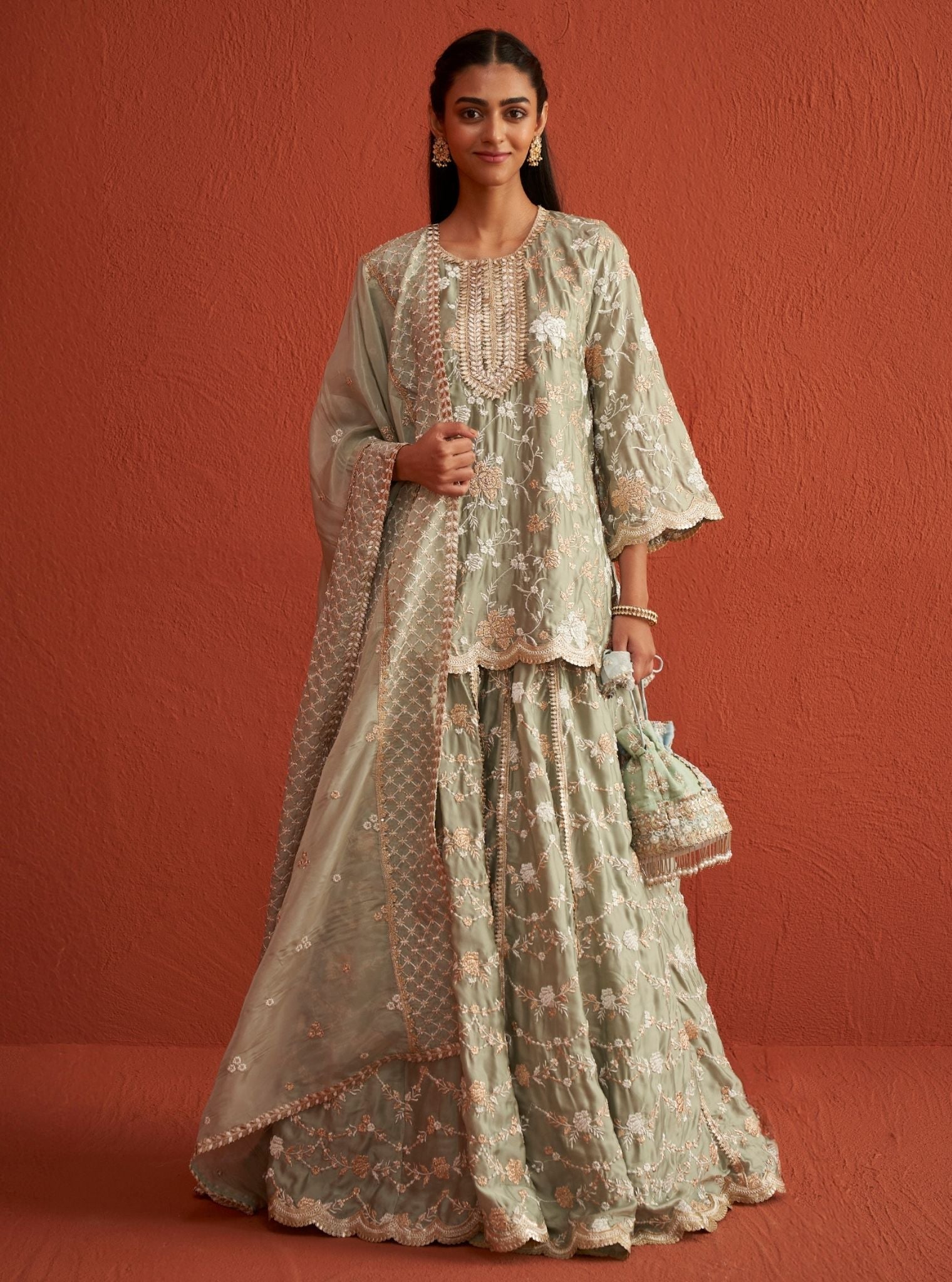 Fitoor Organza Satin Sage Green Kurta Set