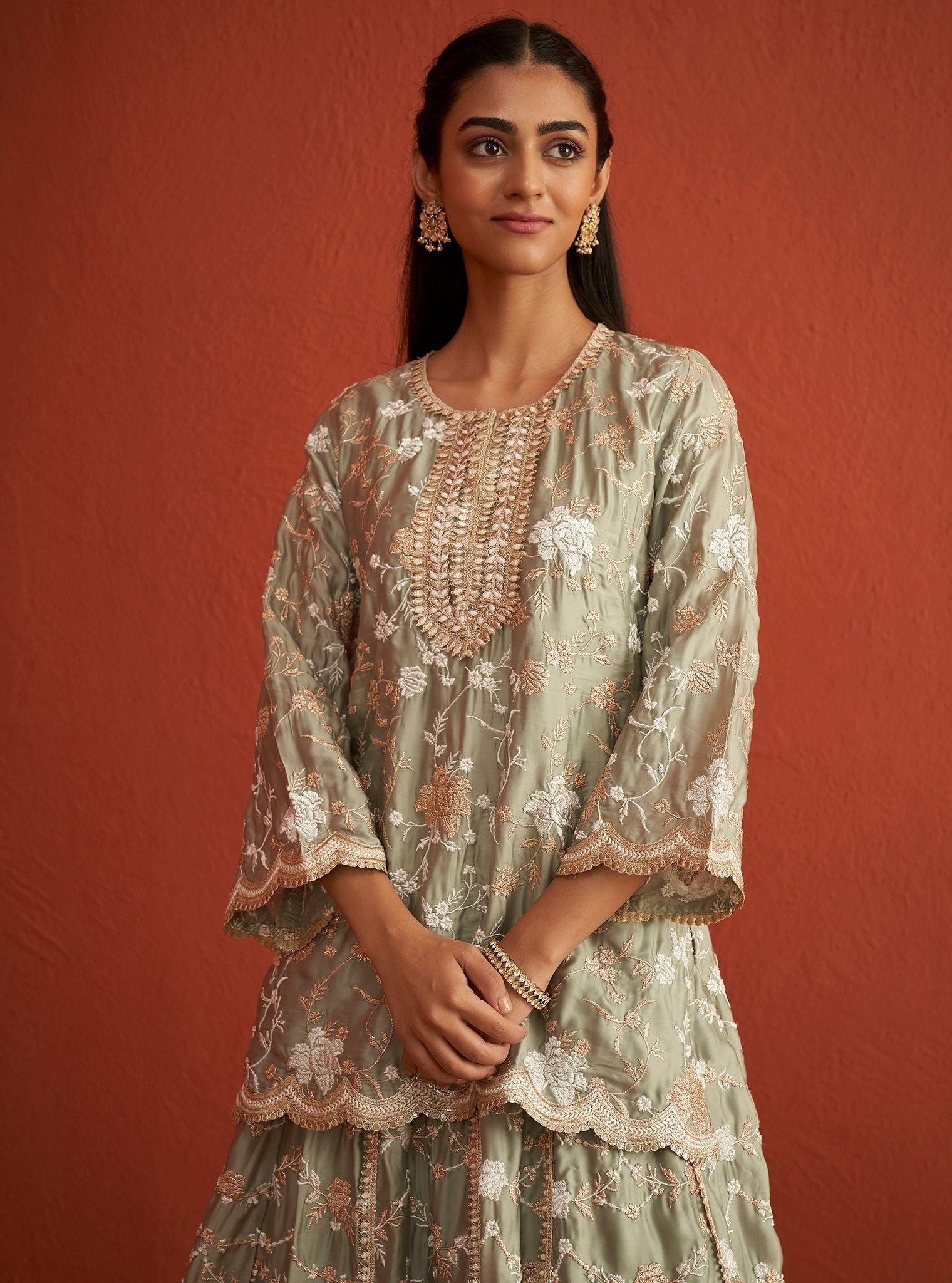Fitoor Organza Satin Sage Green Kurta Set