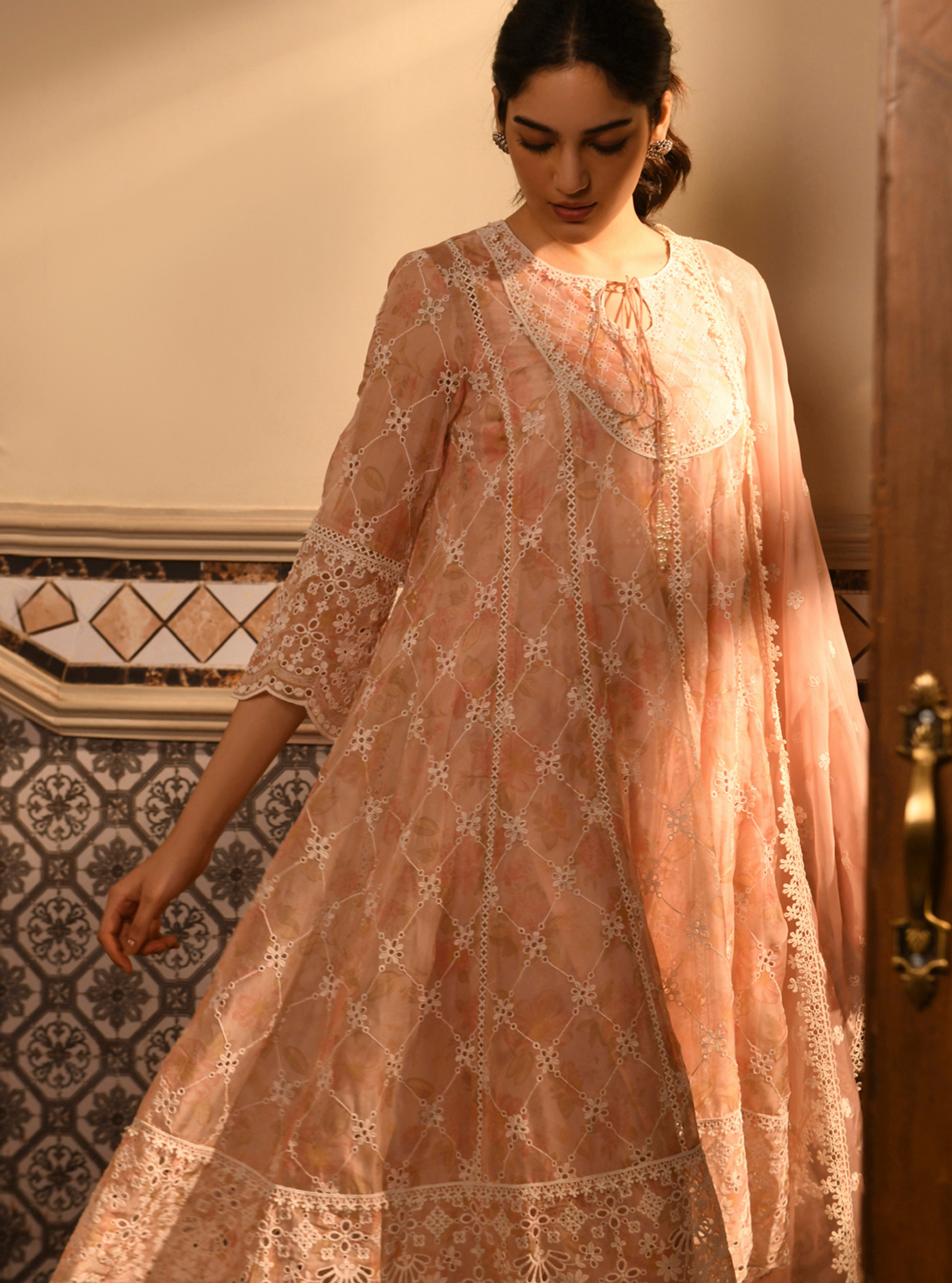 Idika Organza Printed Pink Anarkali Kurta Set