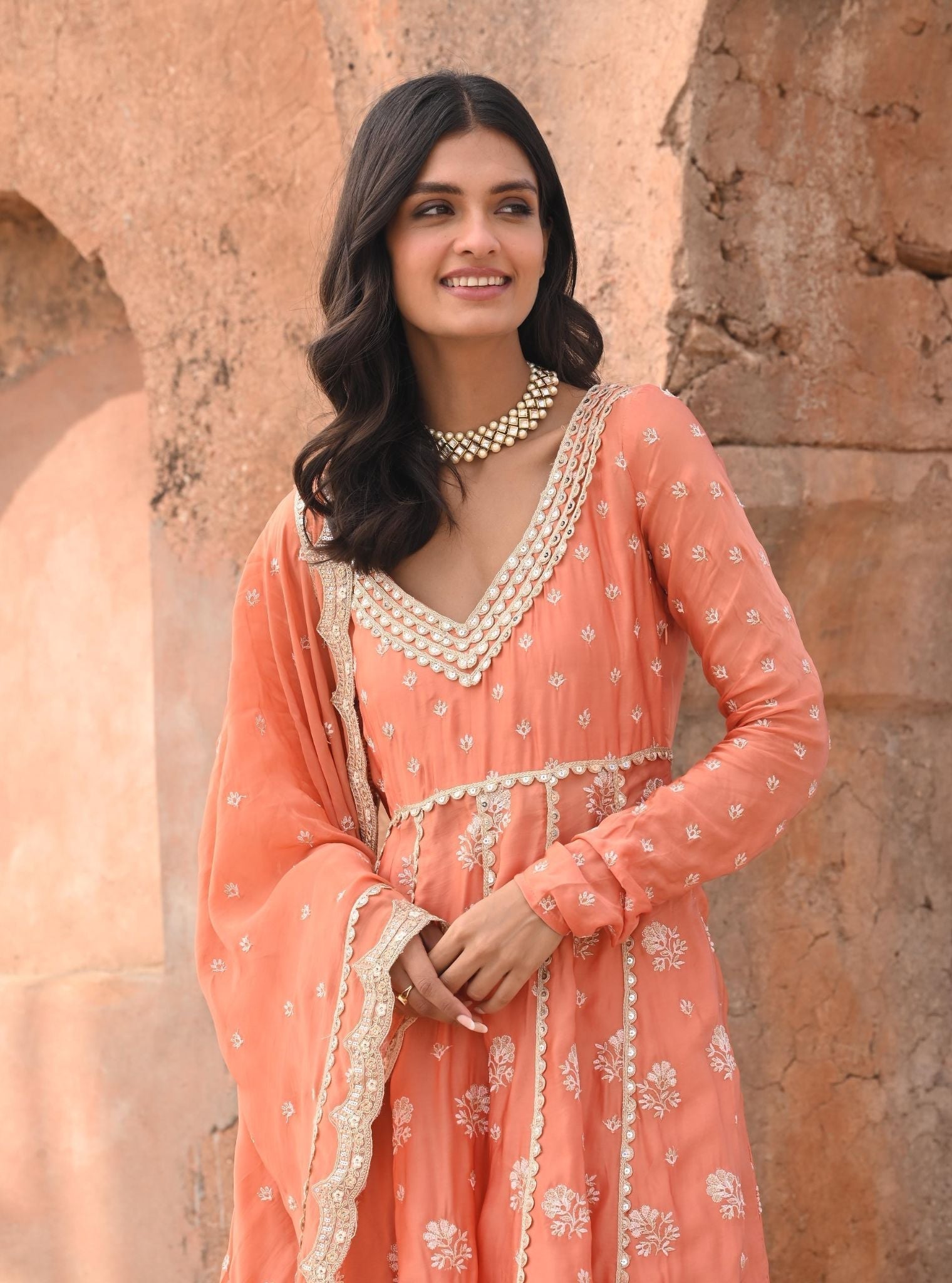 Tareefan Organza Satin Burnt Orange Anarkali Kurta Set