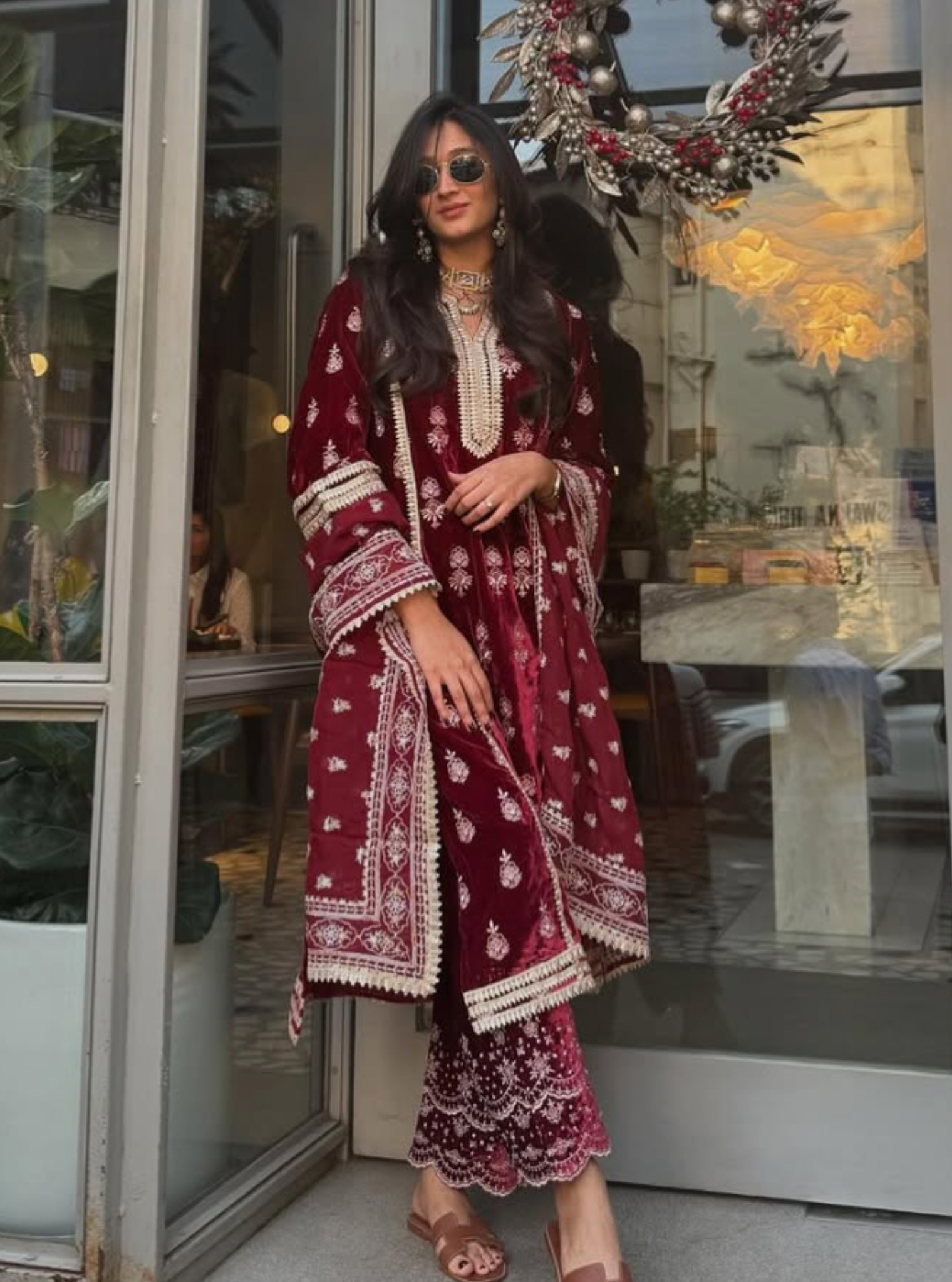 Kumani Velvet Wine Kurta Set