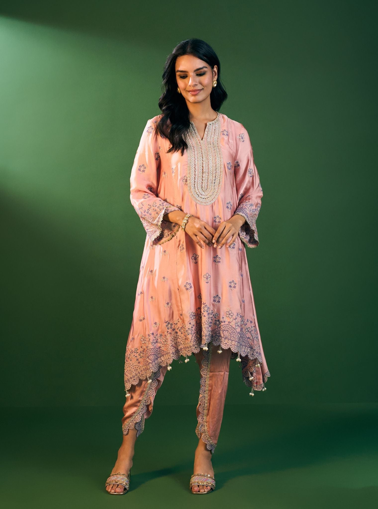 Angana Cupro Satin Pink Kurta Set