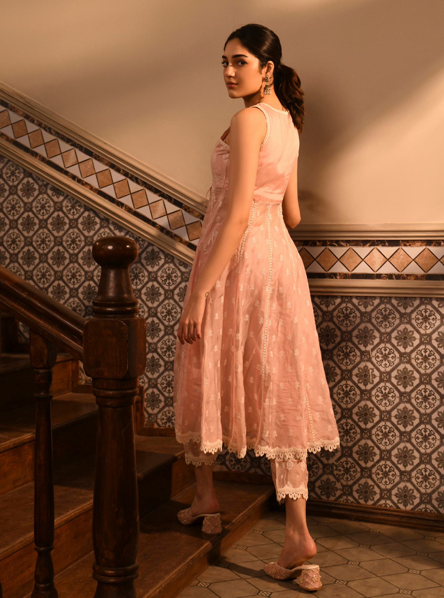 Badra Organza Pink Anarkali Set