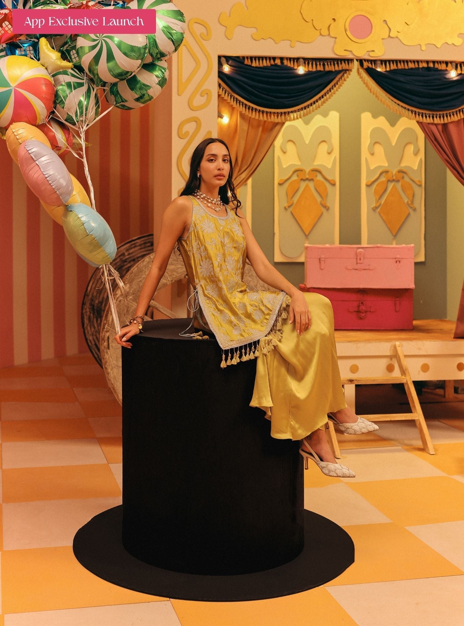 Zani Cupro Satin Lime Kurta with Draped Pants