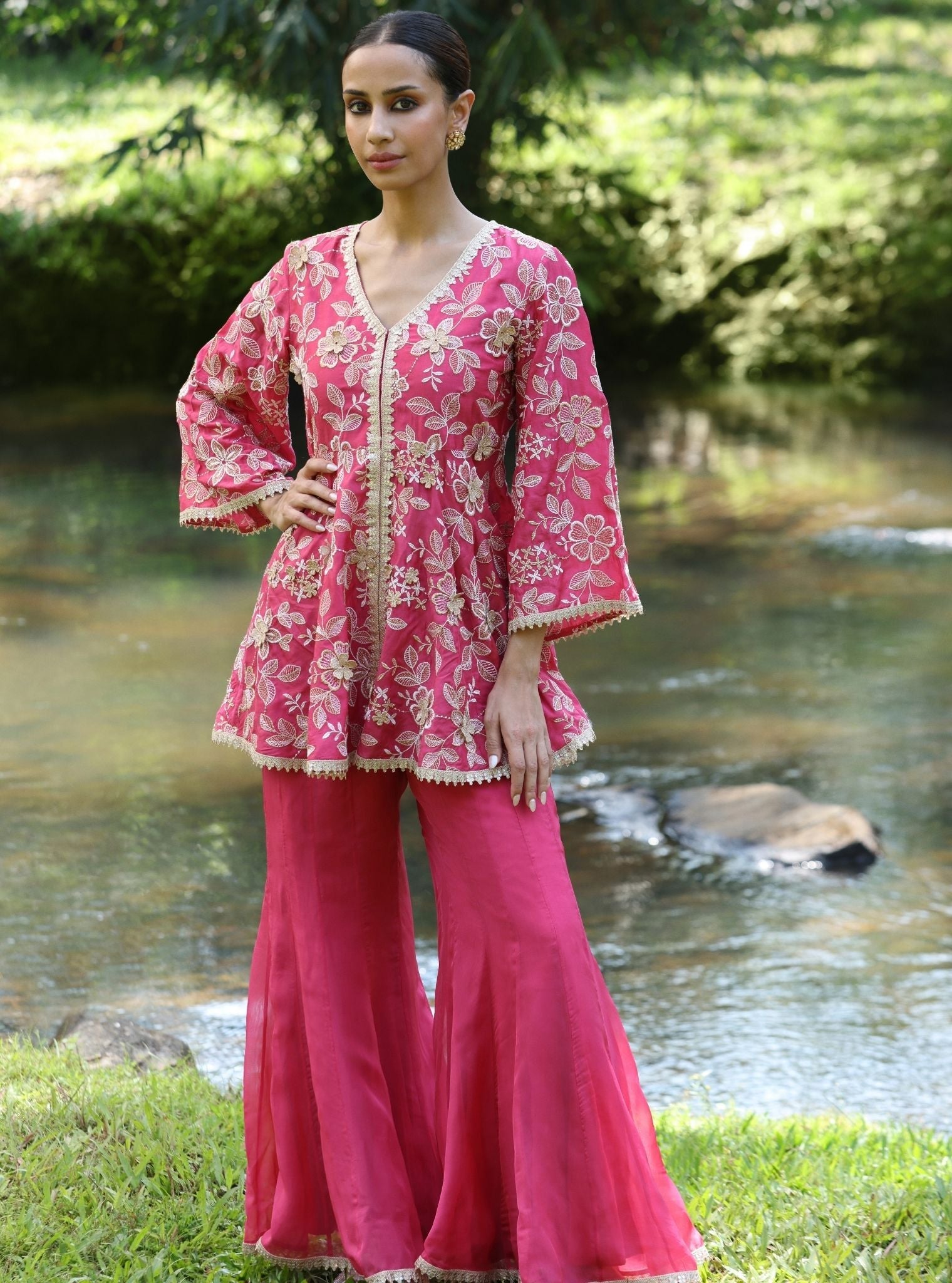 Manjha Modal Silk Fuschia Top Set