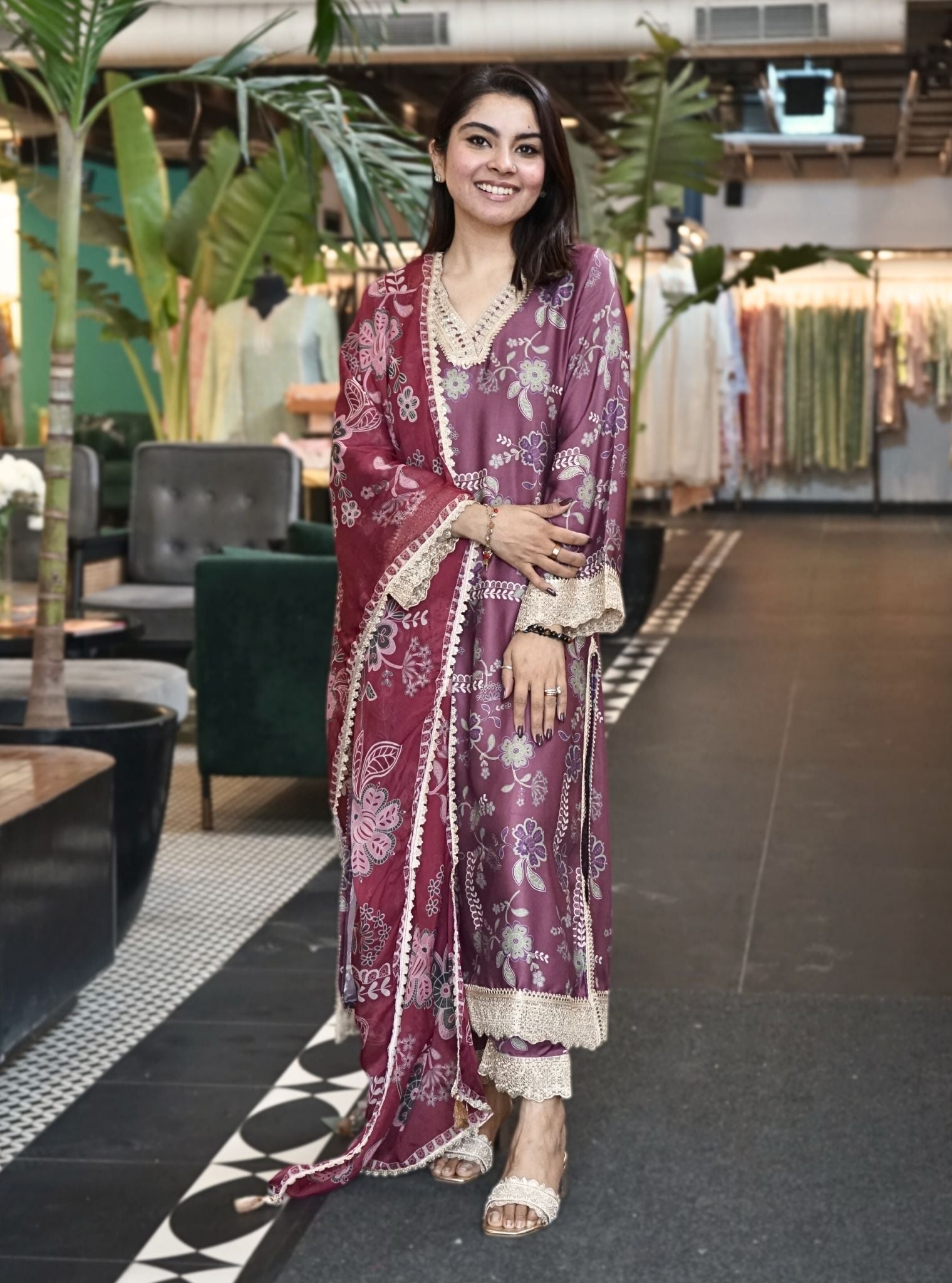 Berta Cupro Printed Brown Kurta Set