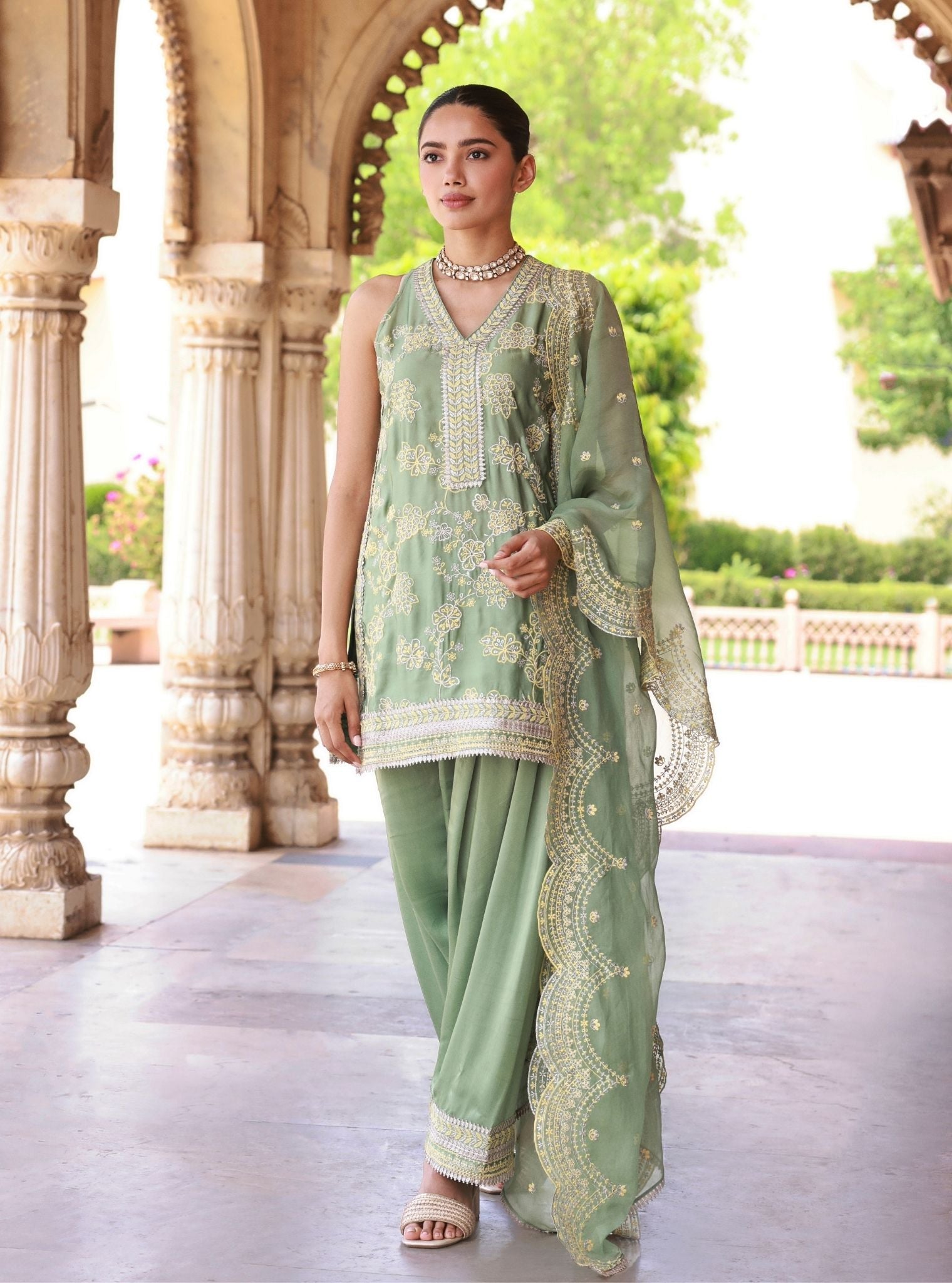 Jivara Bemberg Satin Green Kurta With Farshi Salwar