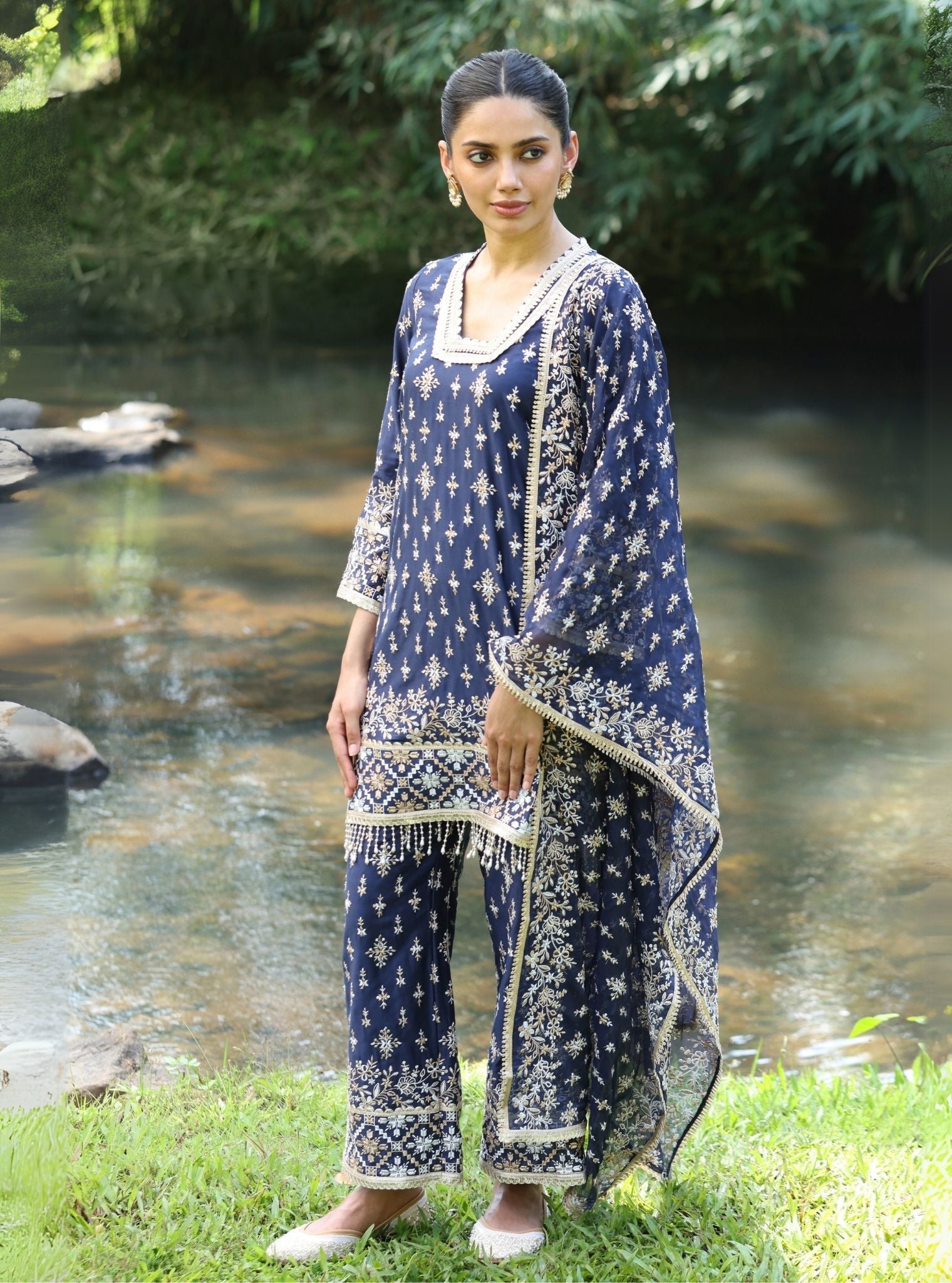 Kalander Pima Satin Navy Kurta Set