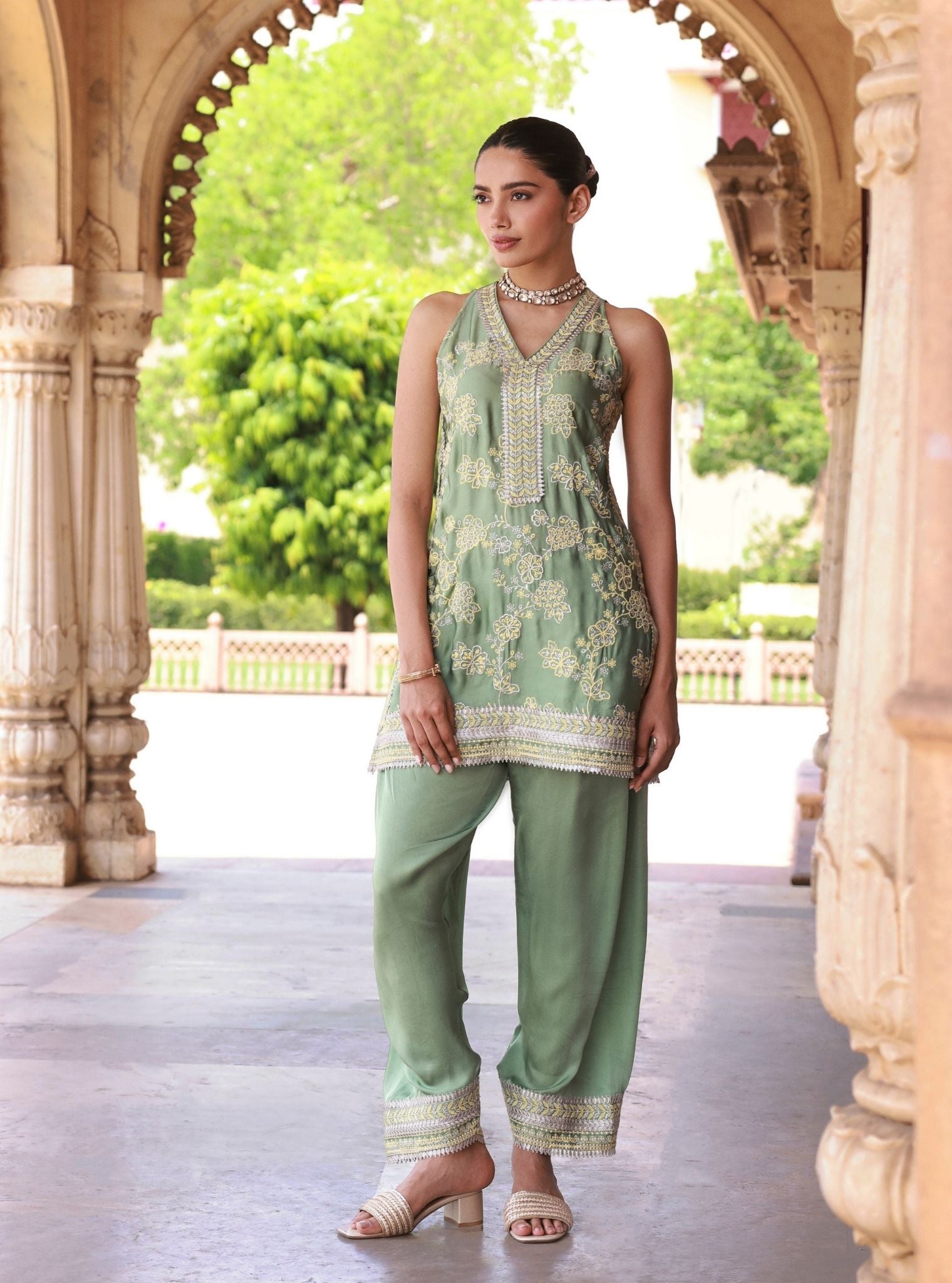 Jivara Bemberg Satin Green Kurta With Farshi Salwar