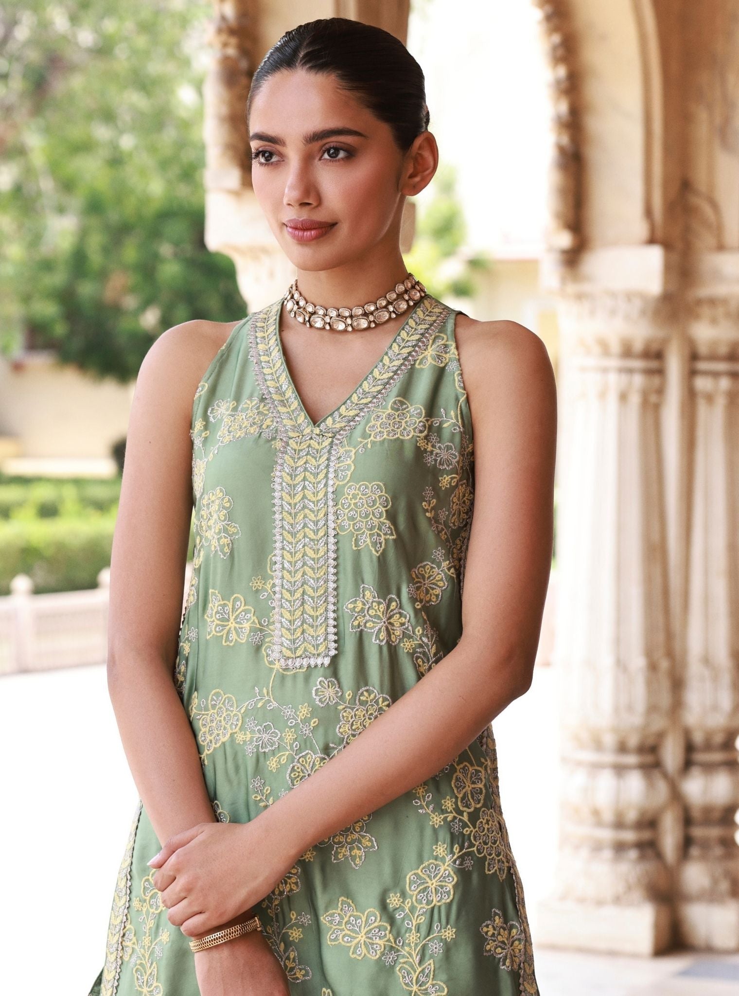 Jivara Bemberg Satin Green Kurta With Farshi Salwar