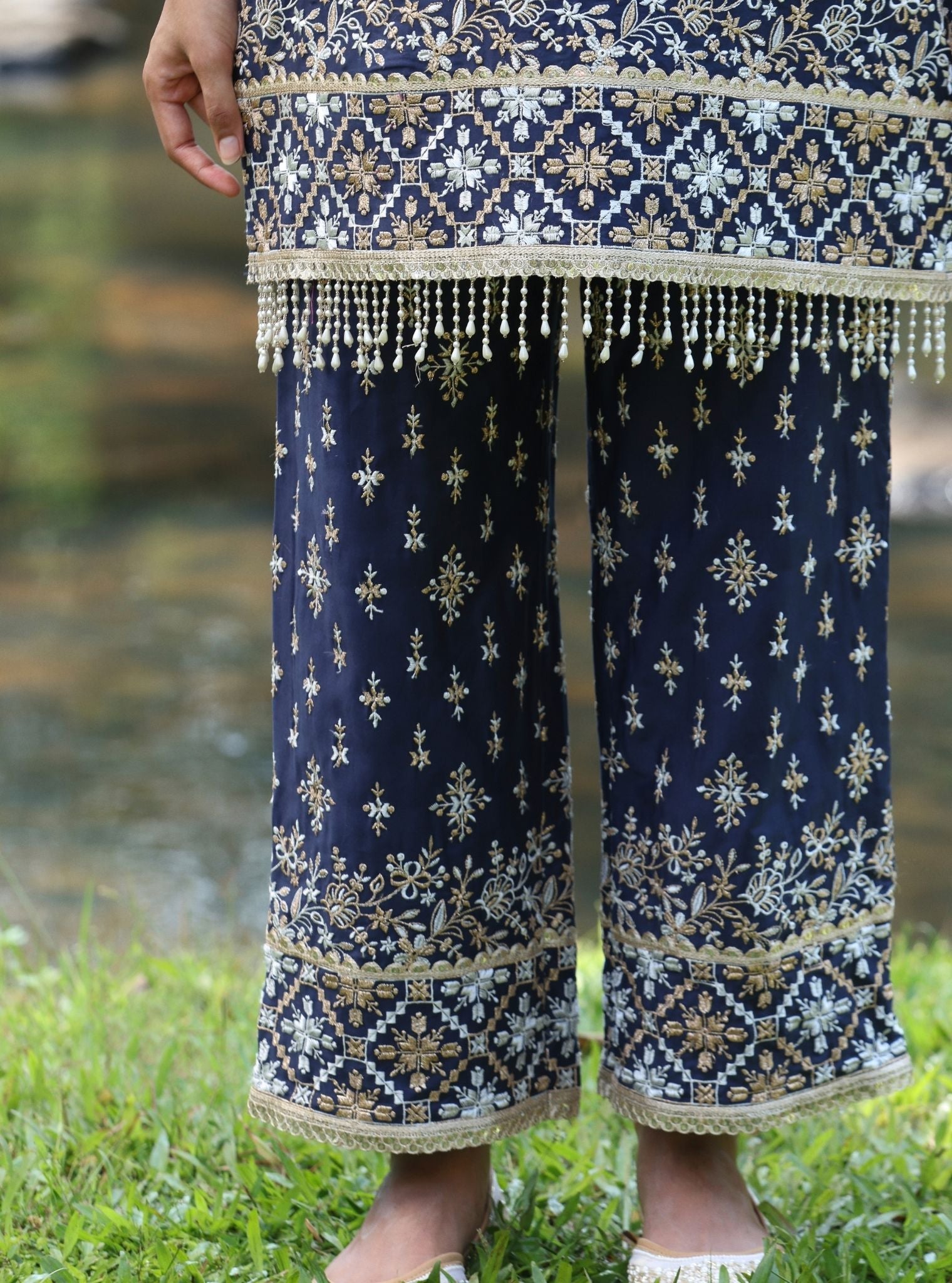 Kalander Pima Satin Navy Kurta Set