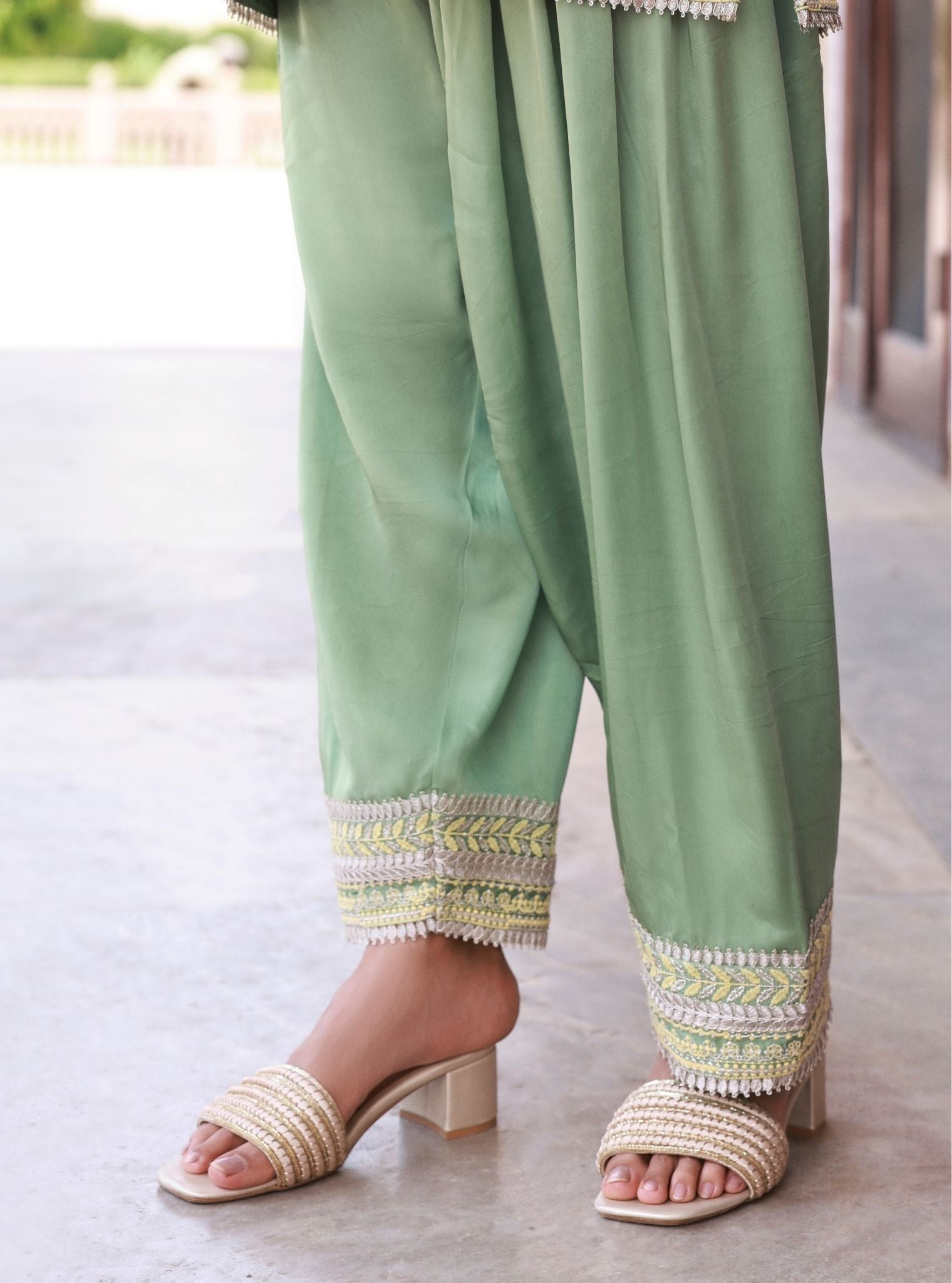 Jivara Bemberg Satin Green Kurta With Farshi Salwar