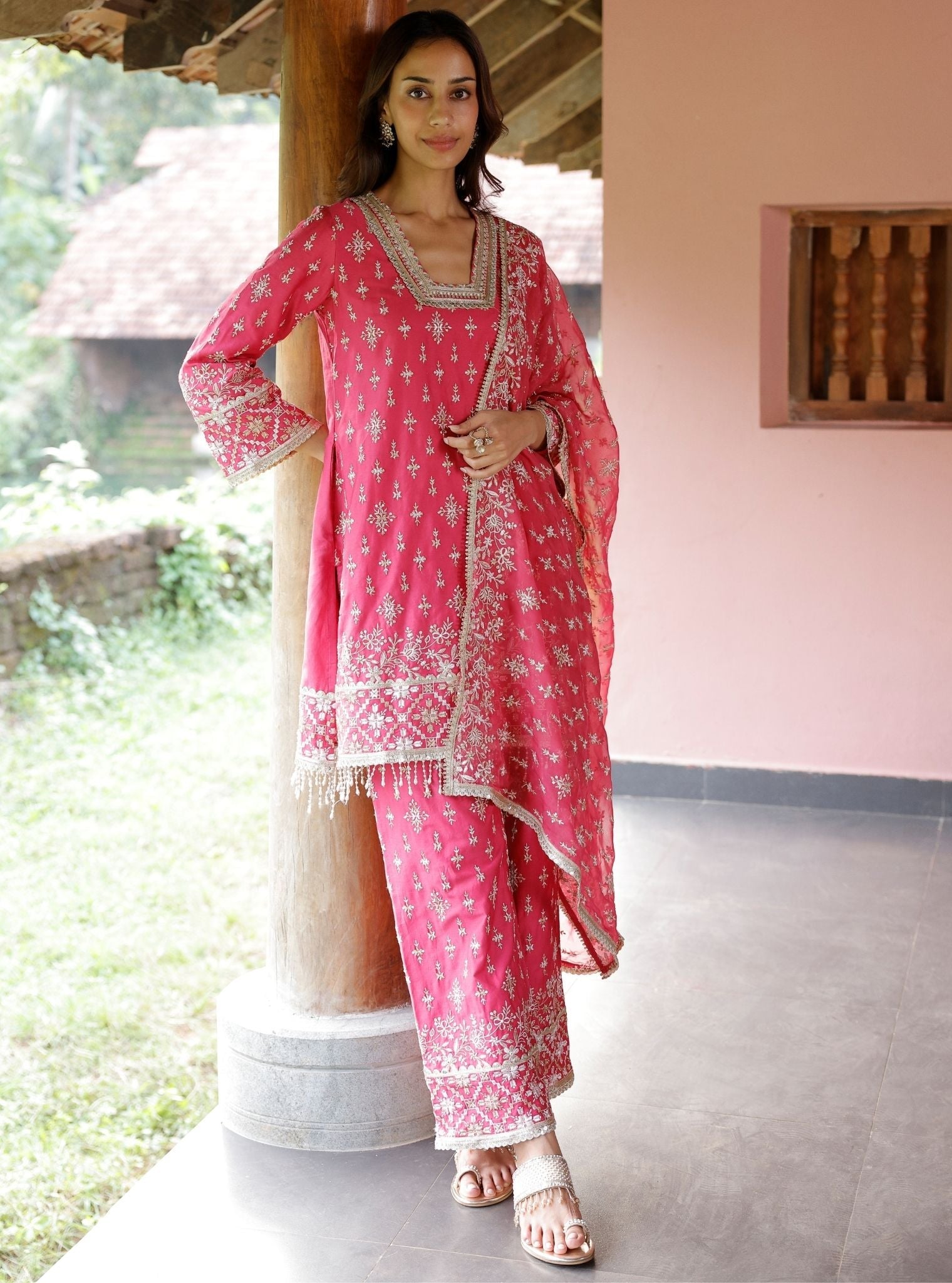 Kalander Pima Satin Fuchsia Kurta Set
