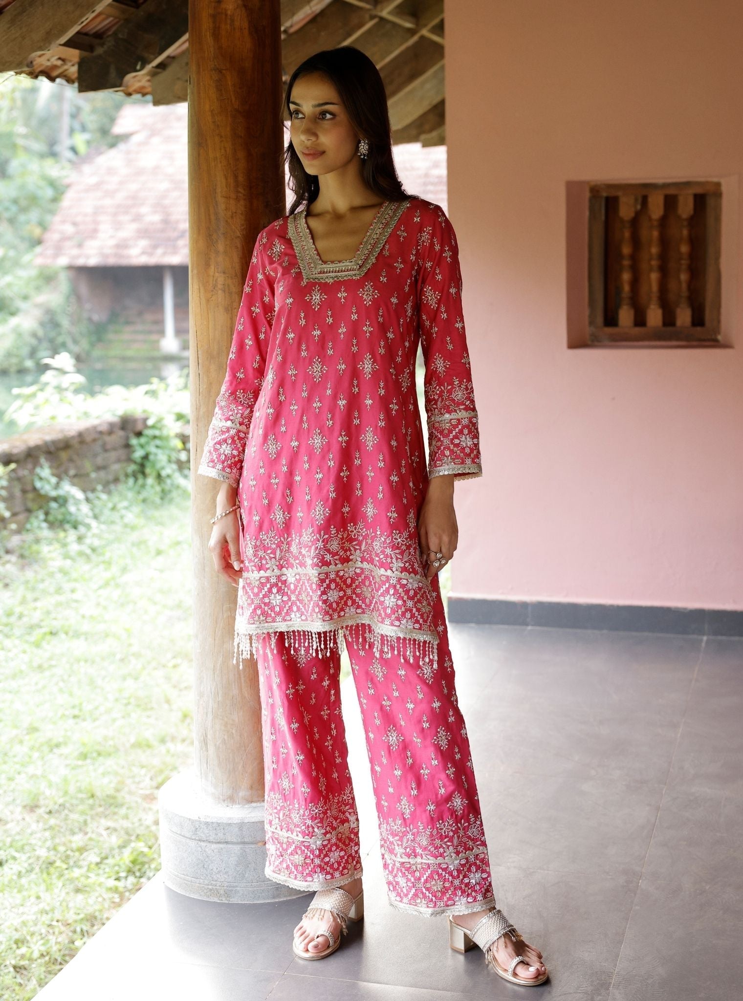 Kalander Pima Satin Fuchsia Kurta Set
