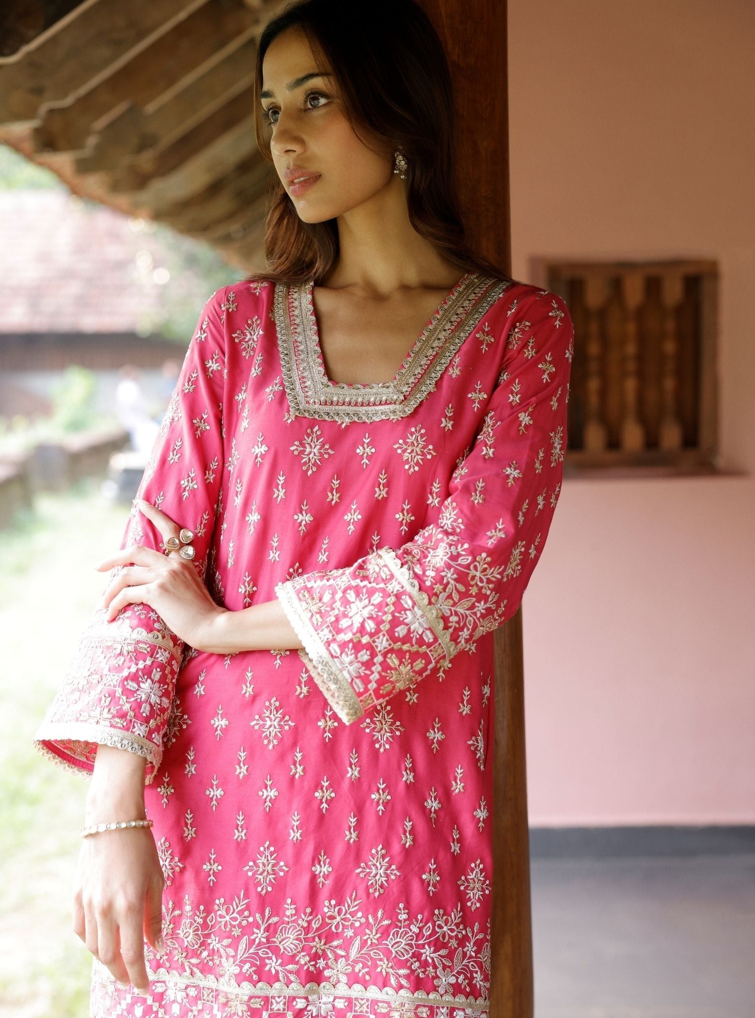 Kalander Pima Satin Fuchsia Kurta Set