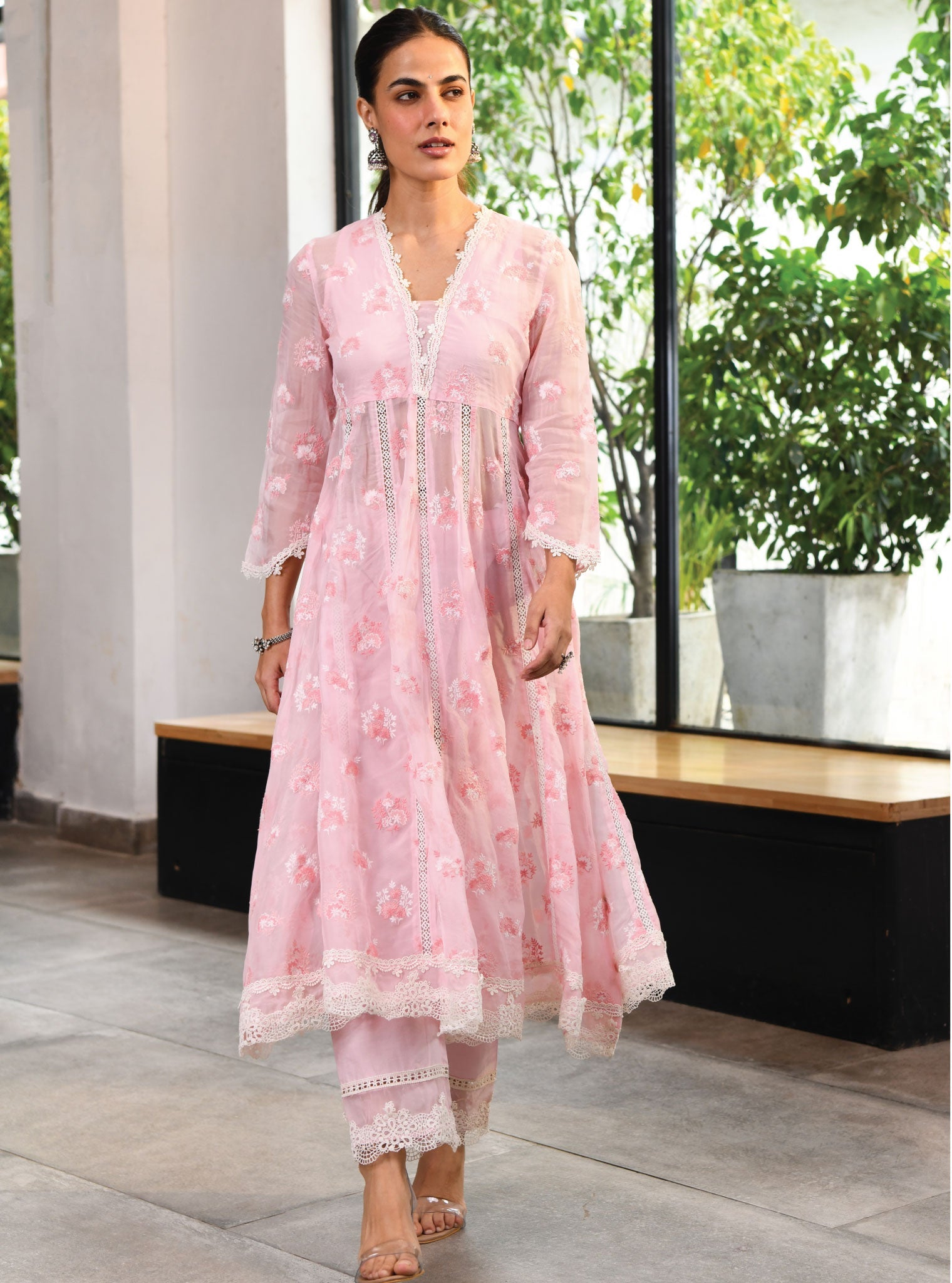 Stirling Organza Pink Anarkali Kurta Set