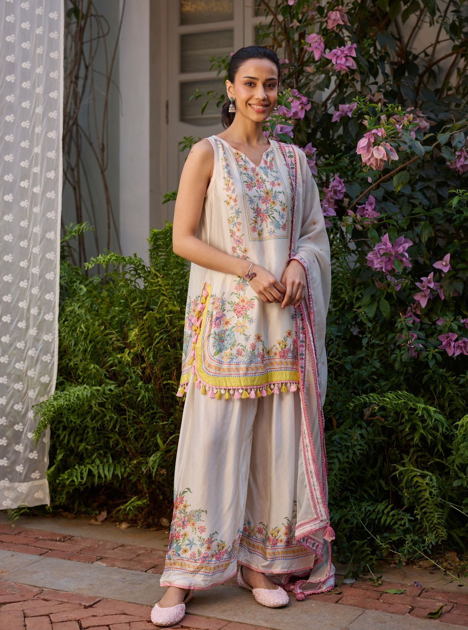 Zivae Cupro Satin Printed Off White Kurta With Farshi Salwar