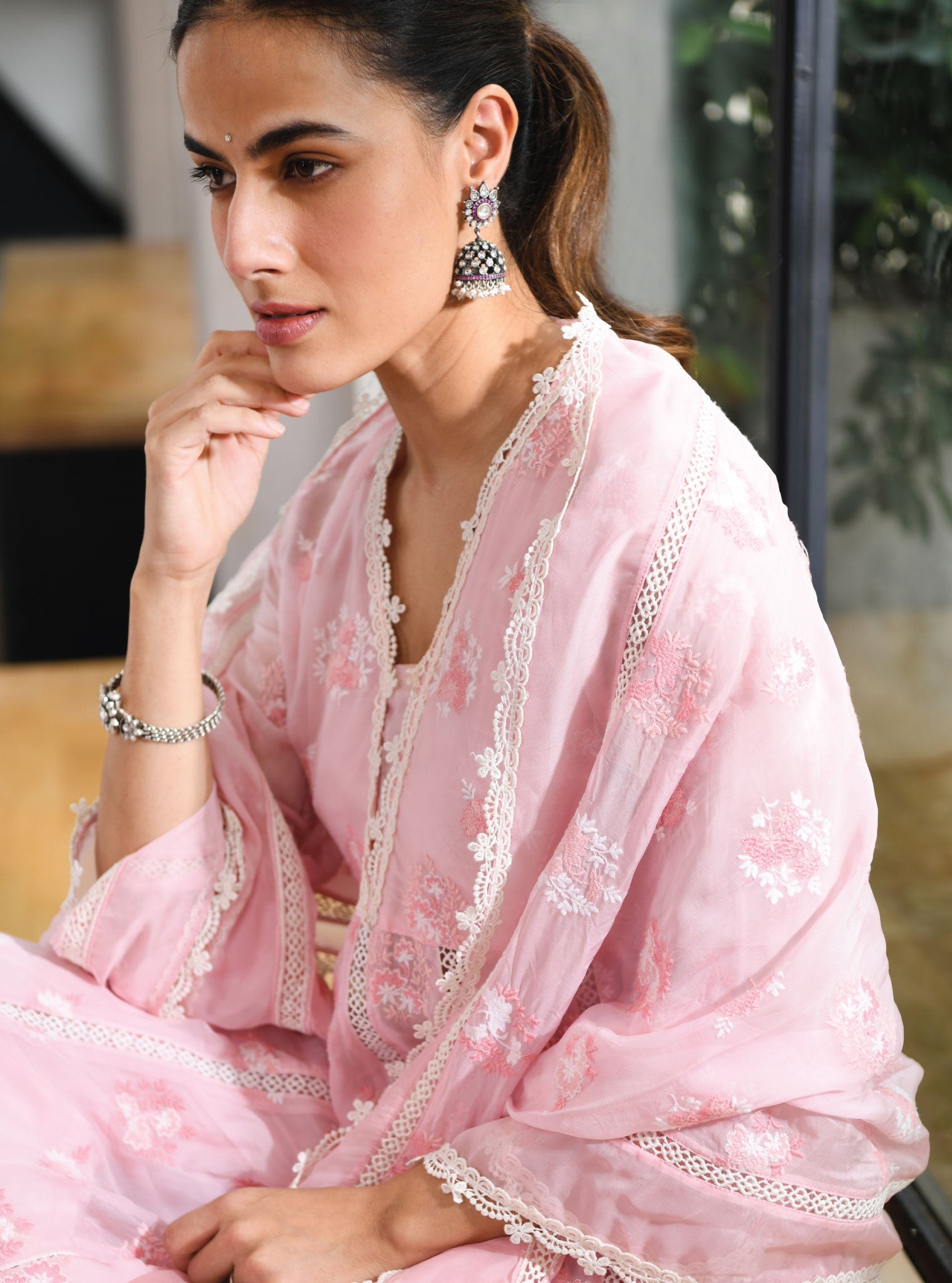Stirling Organza Pink Anarkali Kurta Set