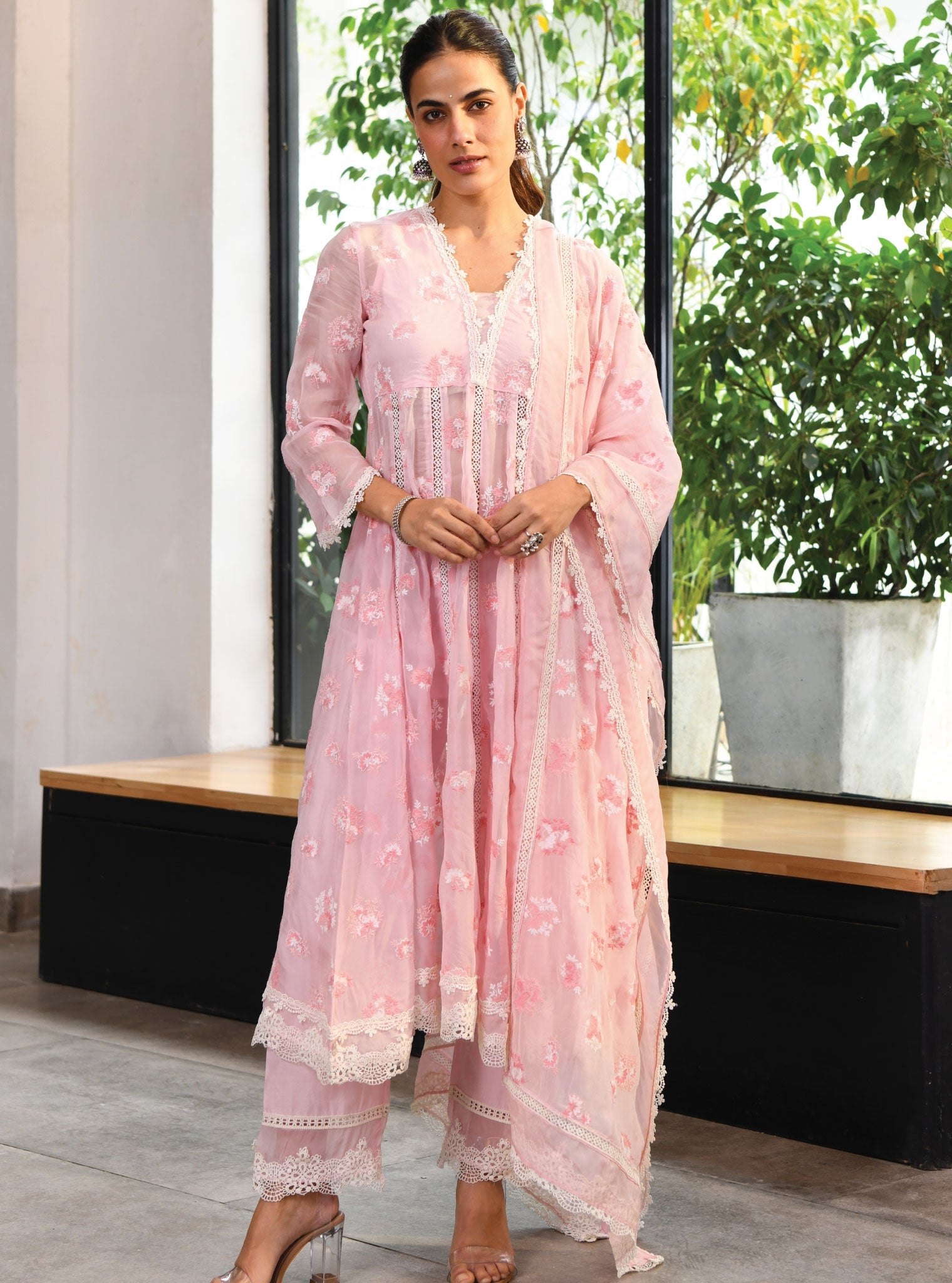 Stirling Organza Pink Anarkali Kurta Set