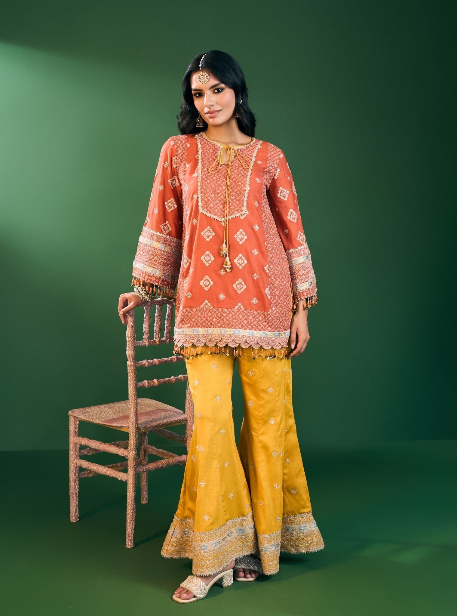 Hira Pima Satin Orange Kurta Set