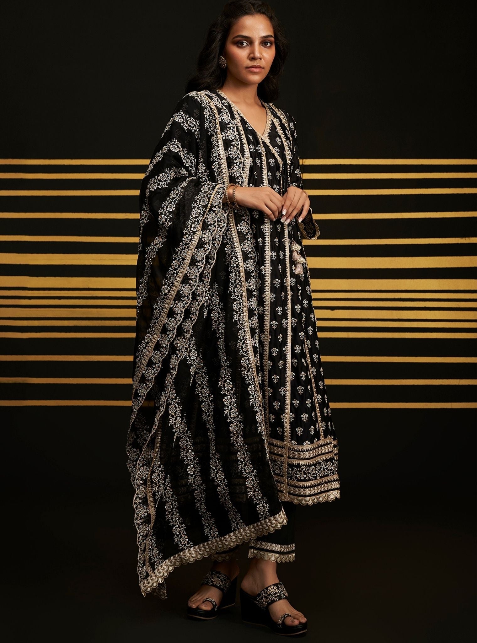 Patola Organza Satin Black Anarkali Kurta Set