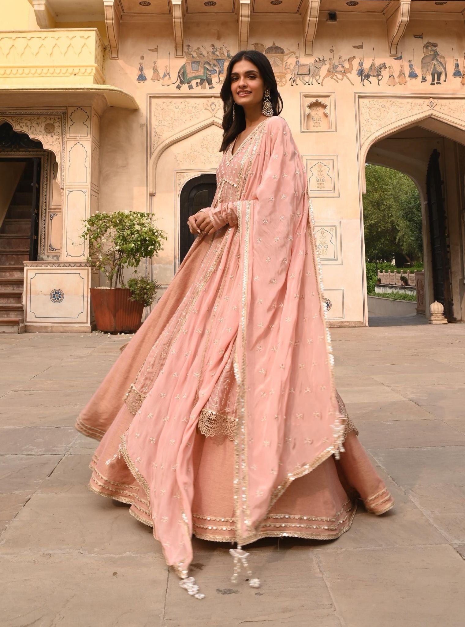 Jhoom Organza Satin Anarkali Light Pink Kurta with Lehenga Set