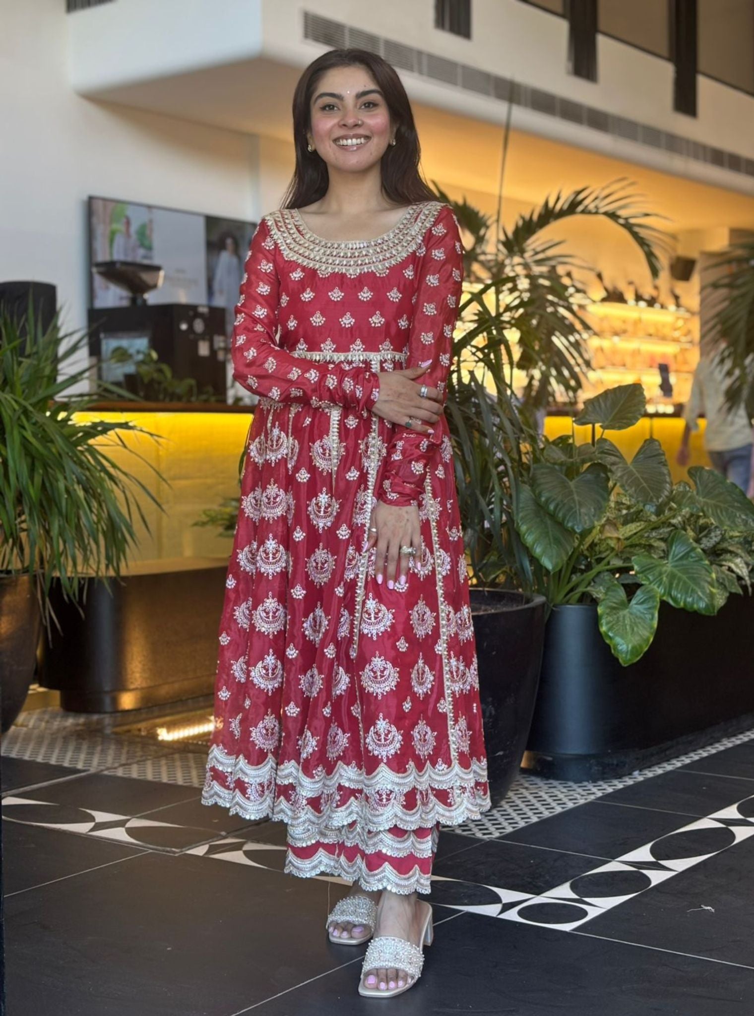 Sori Glass Organza Red Anarkali Kurta With Pima Satin Red Pant