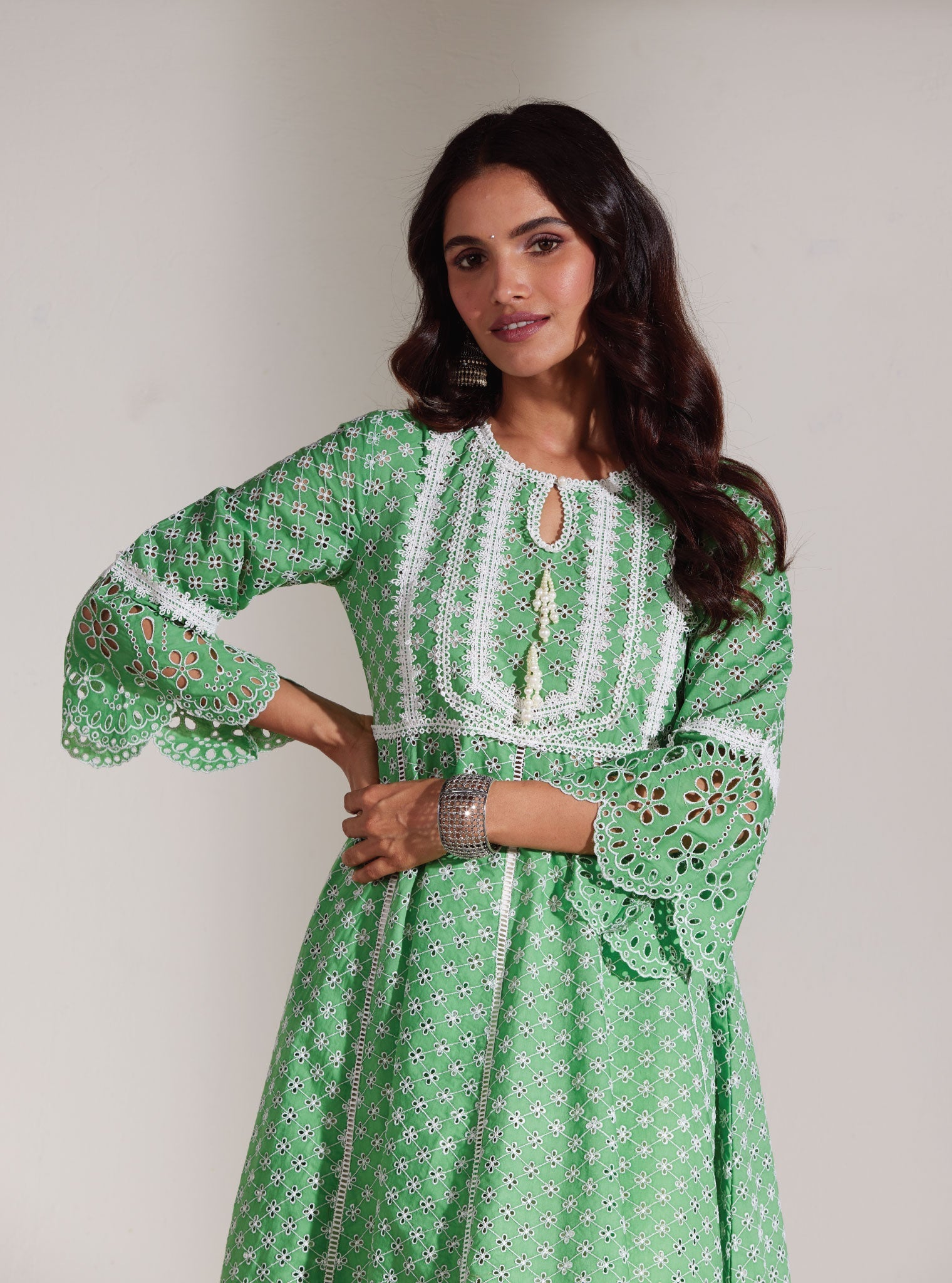 Mulmul Cotton Arris Green Anarkali Kurta With Diagonal Pintuck White Pant