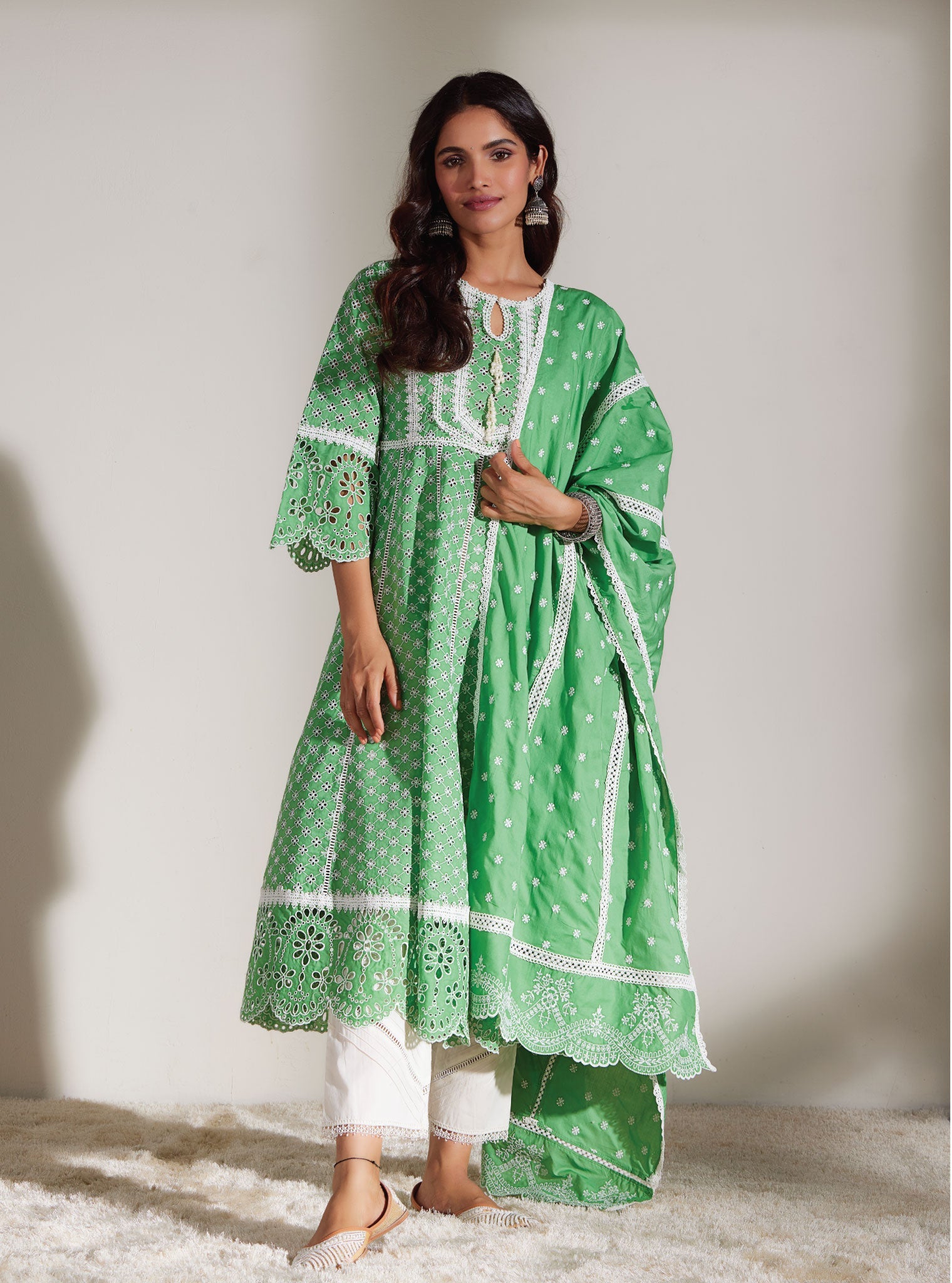 Mulmul Cotton Arris Green Anarkali Kurta With Diagonal Pintuck White Pant