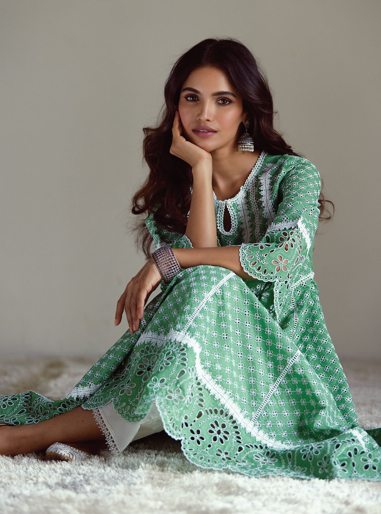 Mulmul Cotton Arris Green Anarkali Kurta With Diagonal Pintuck White Pant