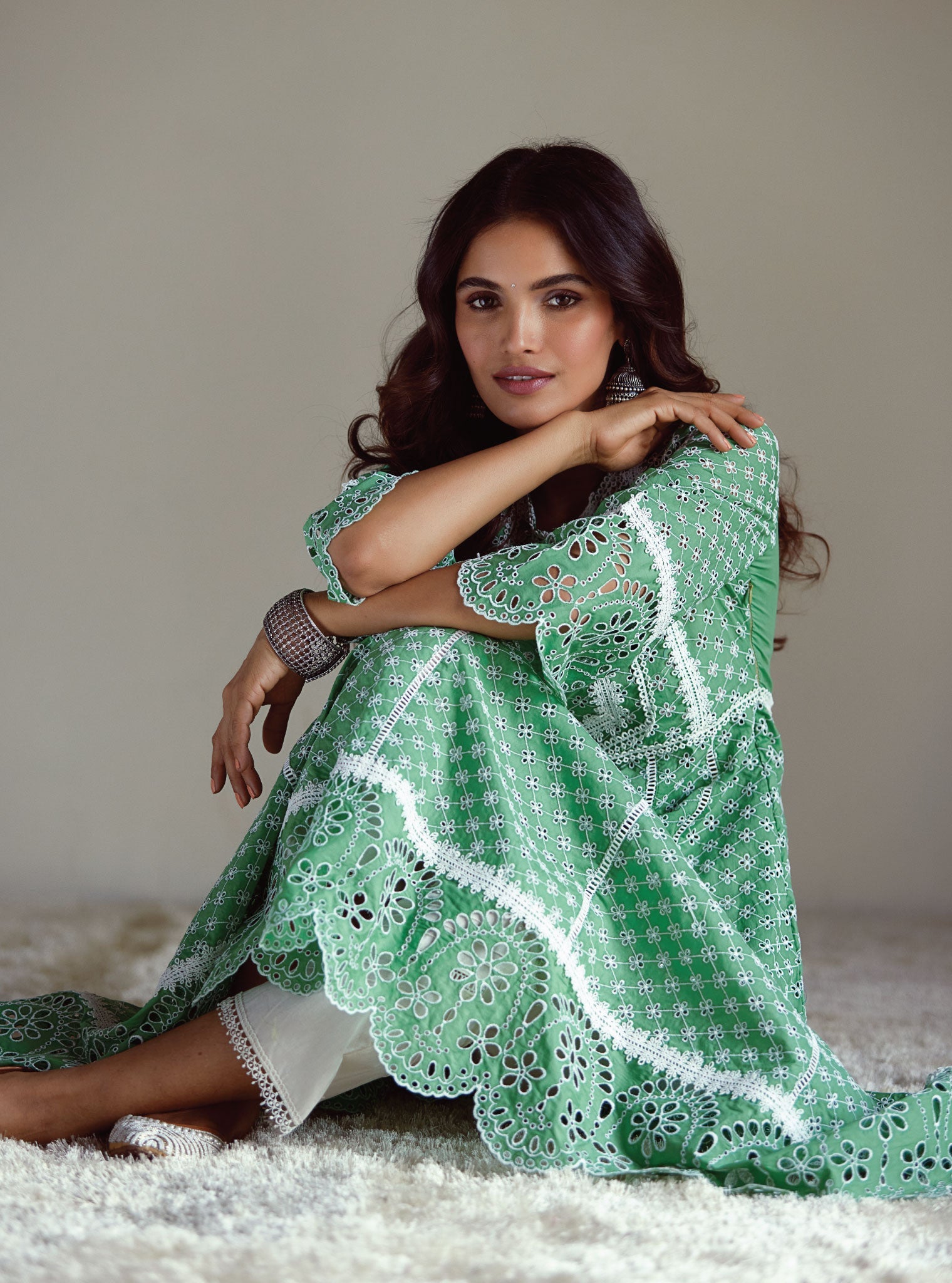 Mulmul Cotton Arris Green Anarkali Kurta With Diagonal Pintuck White Pant