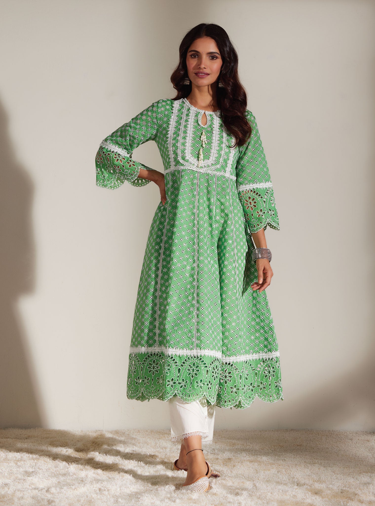 Mulmul Cotton Arris Green Anarkali Kurta With Diagonal Pintuck White Pant