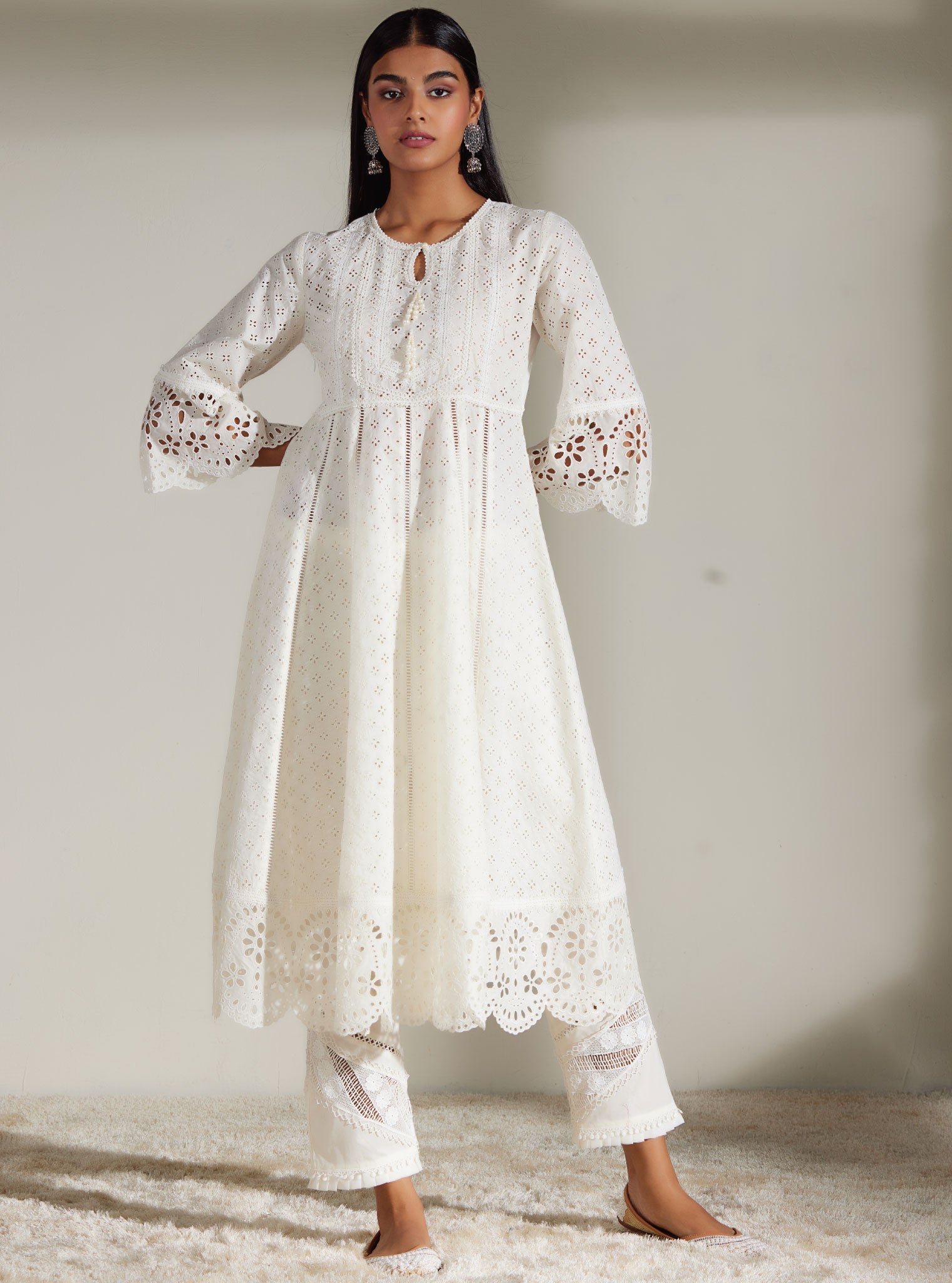 Mulmul Cotton Arris White Anarkali Kurta With Diagonal Lace White Pant