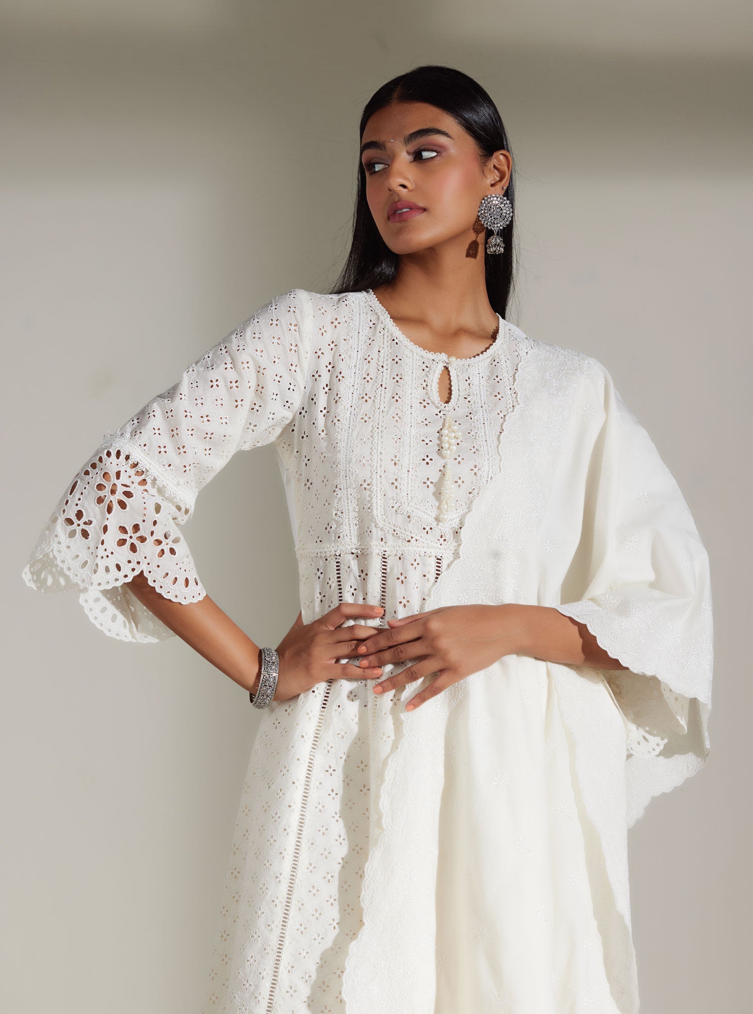 Mulmul Cotton Arris White Anarkali Kurta With Diagonal Lace White Pant