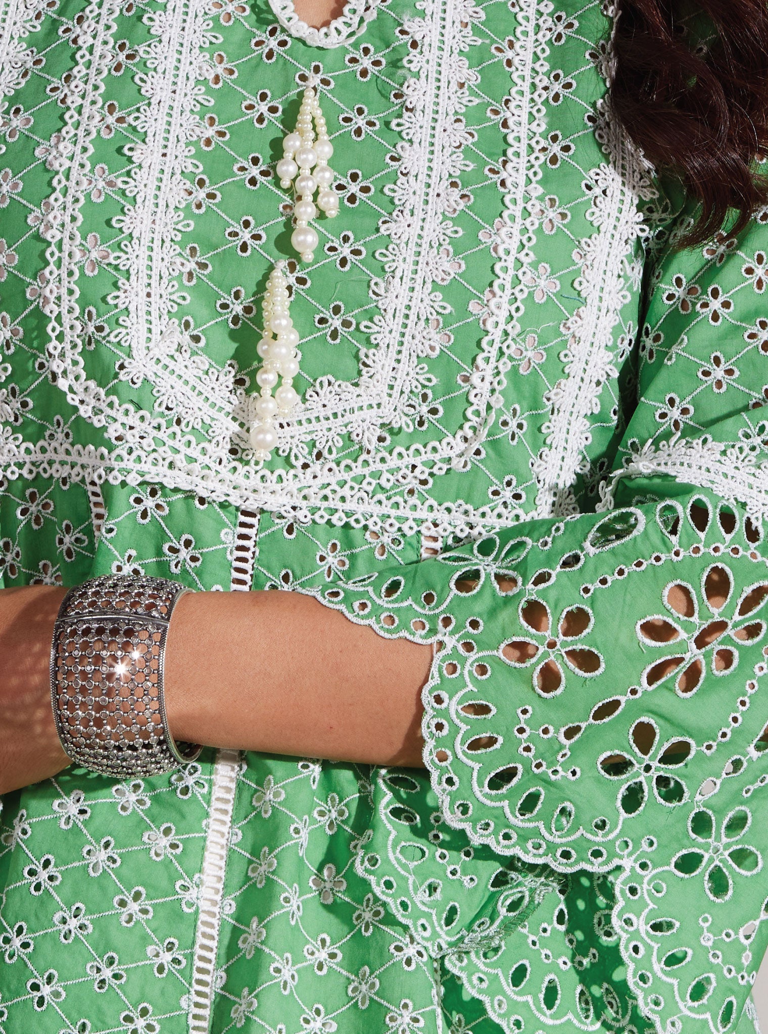 Mulmul Cotton Arris Green Anarkali Kurta With Diagonal Pintuck White Pant