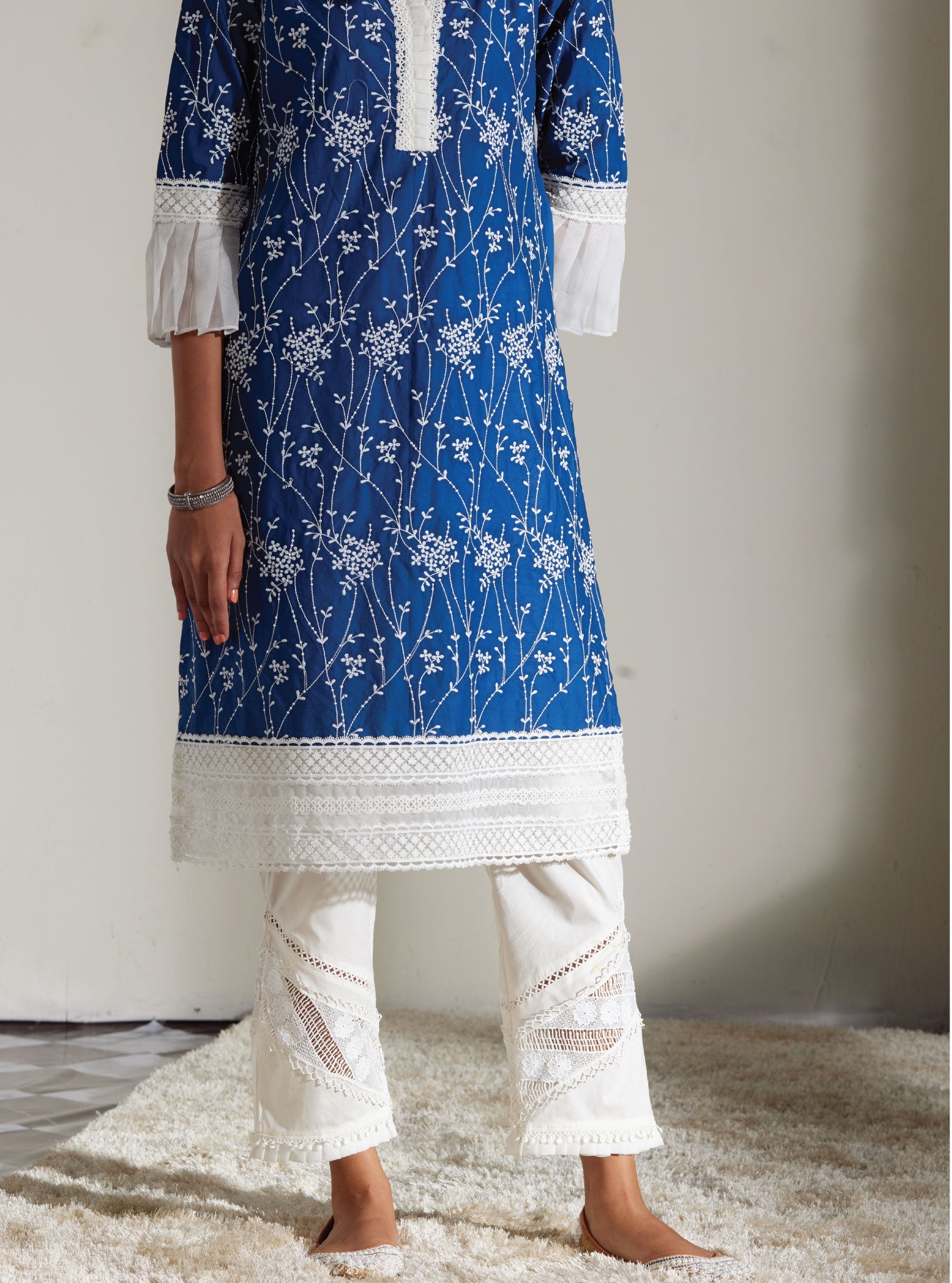 Mulmul Supima Cotton Diagonal Lace White Pant