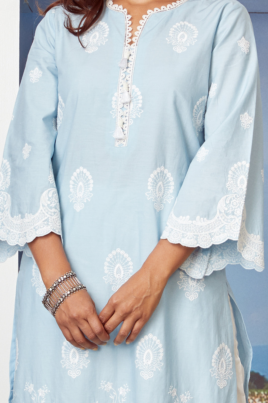 Dreamscape Supima Cotton Light Blue Kurta with Palazzo Set