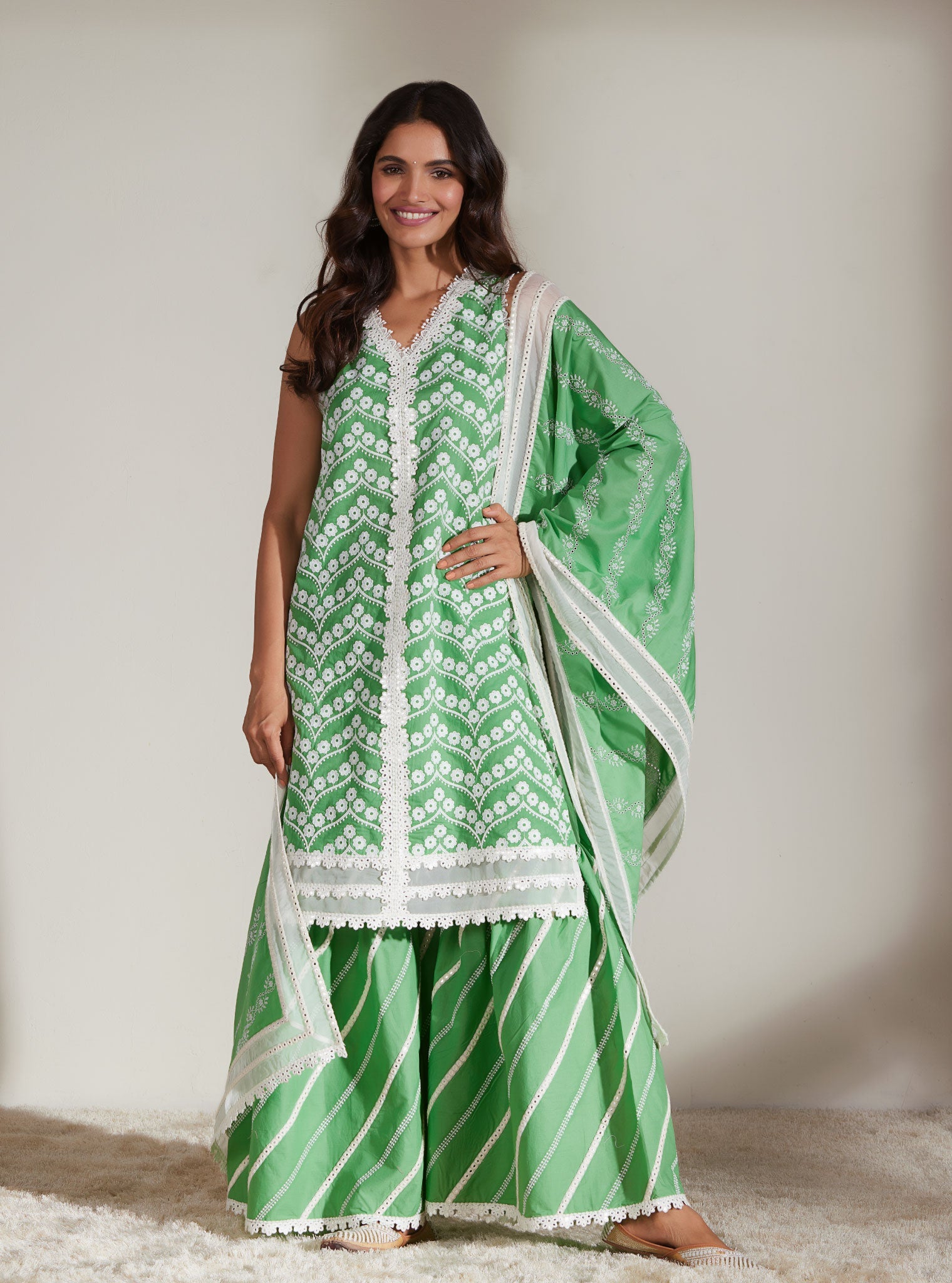 Gabriella Supima Cotton Green Kurta with Garara Set