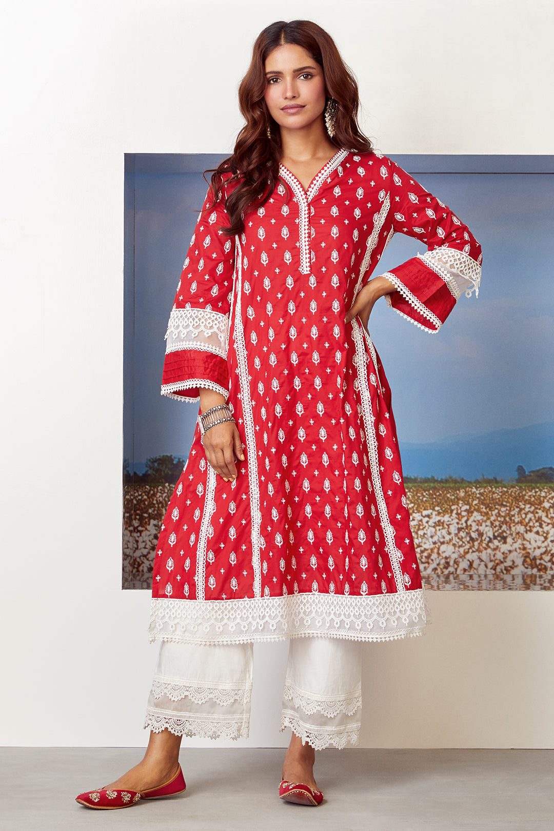 Mulmul Supima Cotton Lake Shore Red Kurta