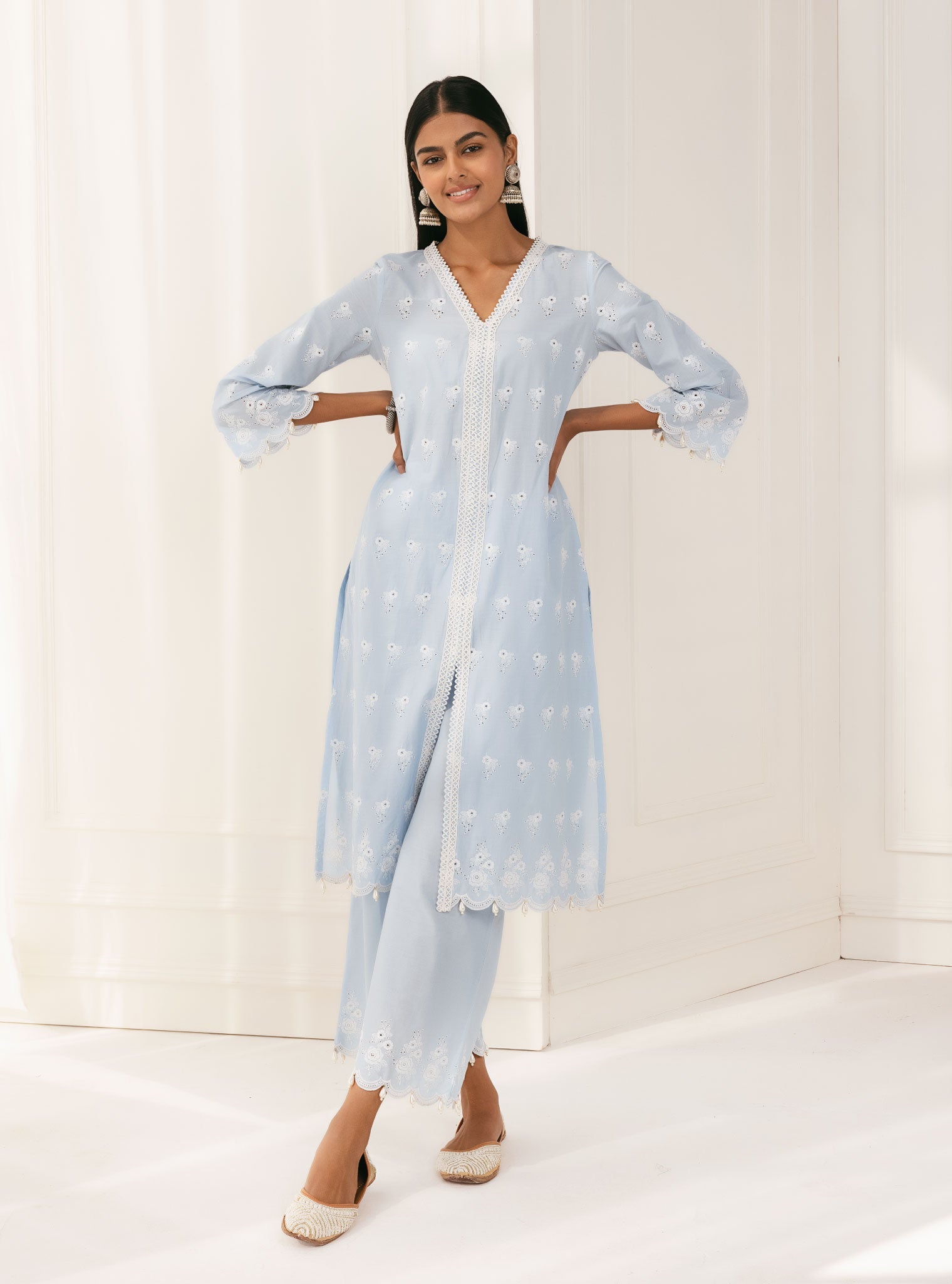 Mulmul Supima Cotton Nitoi Blue Kurta