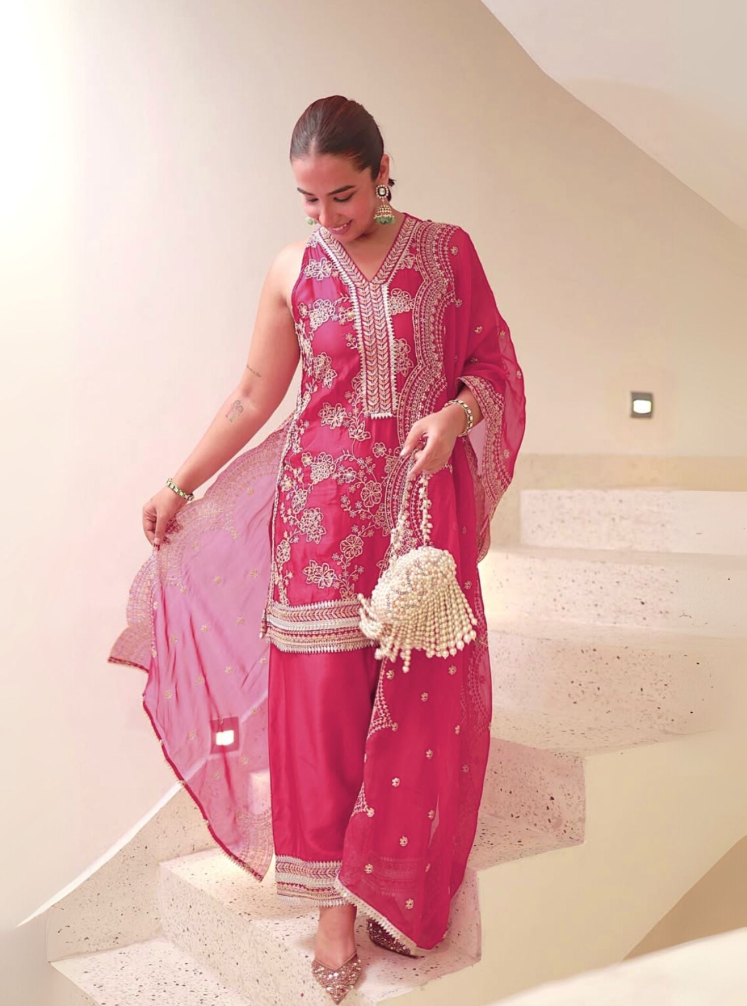 Jivara Bemberg Satin Fuschia Kurta Set