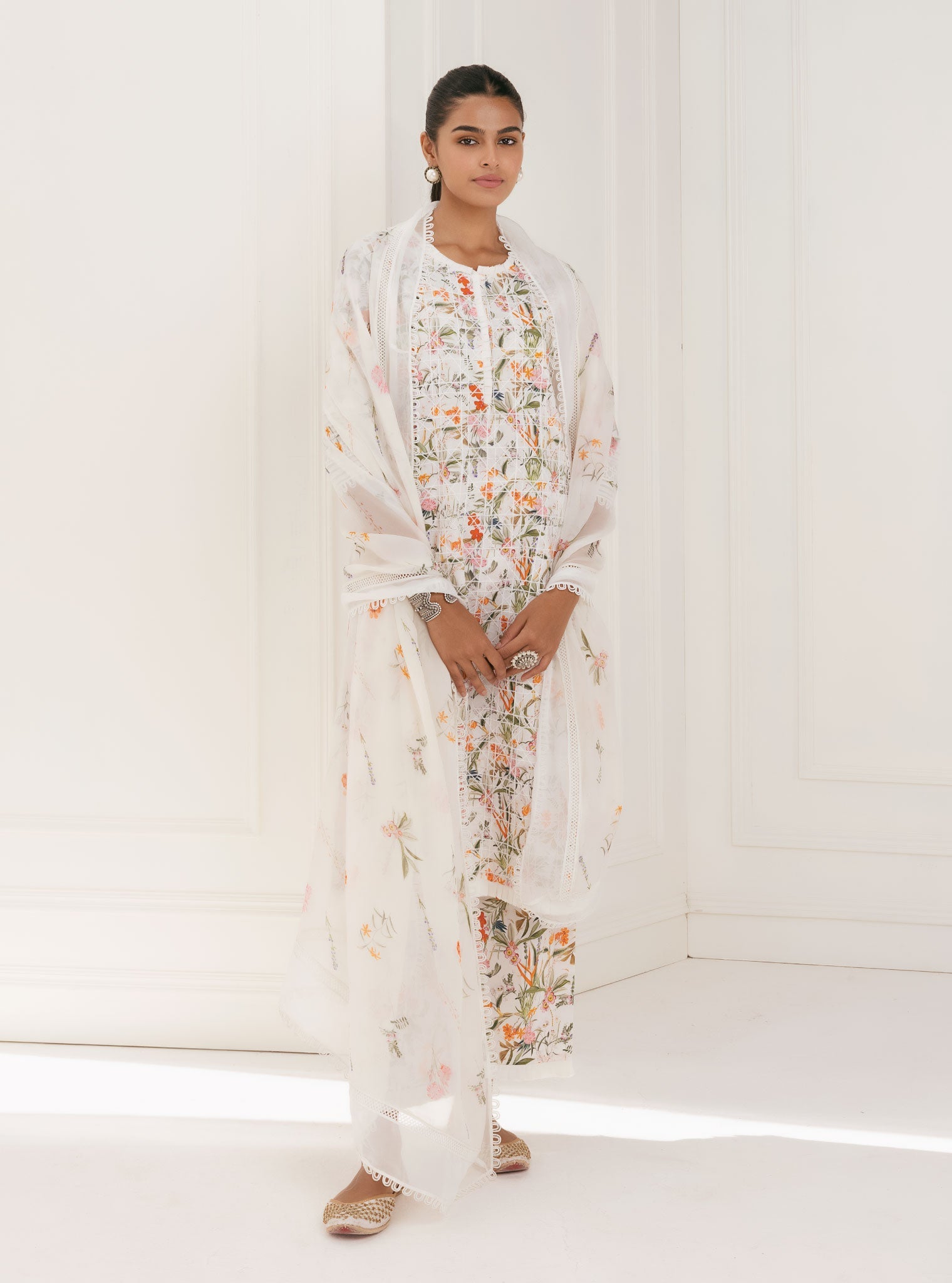 Mulmul Cotton Rafaela White Kurta With Rafaela White Pant