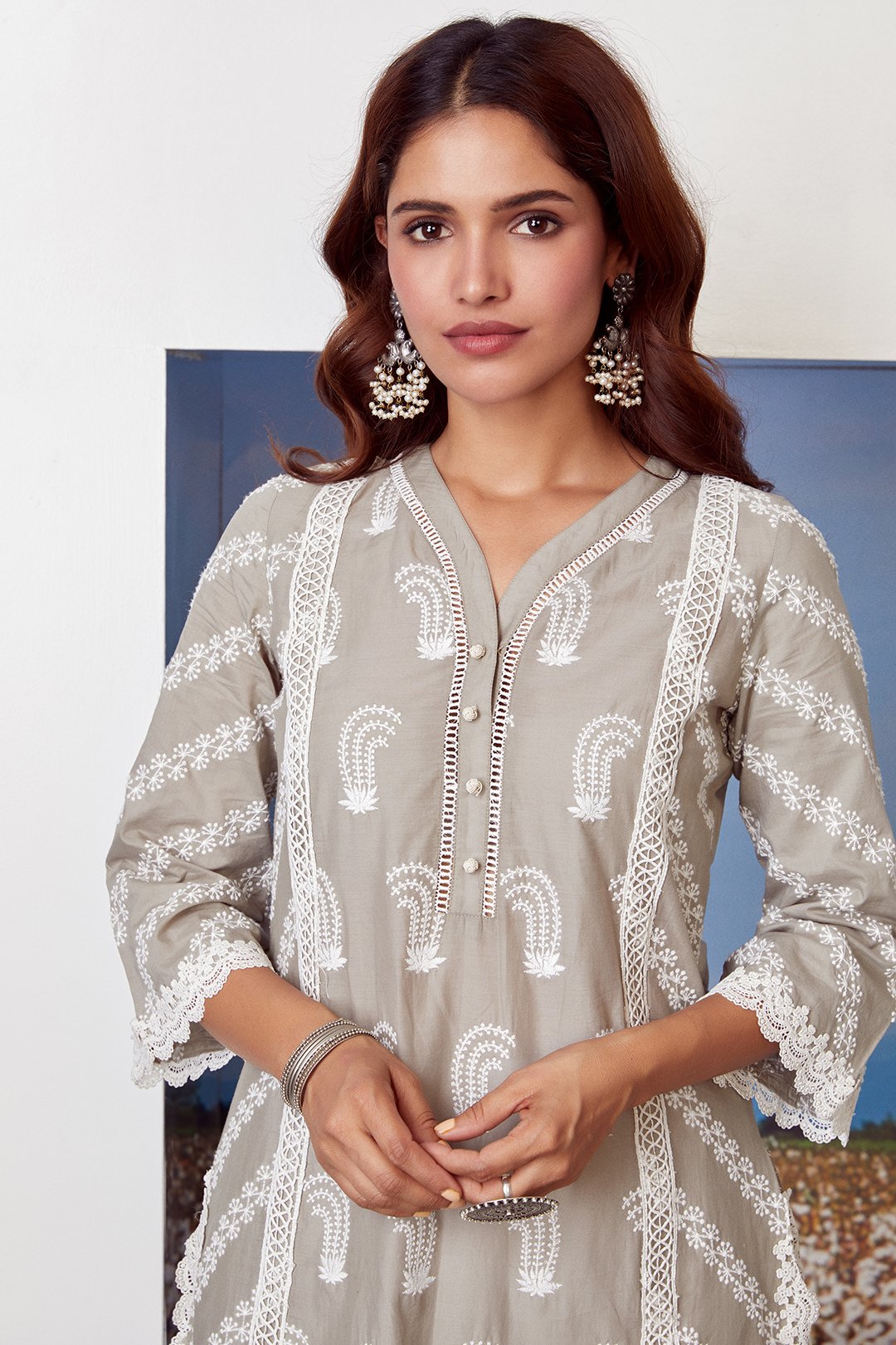 Mulmul Cotton Rhinestone Grey Kurta With New Harem White Pyajama
