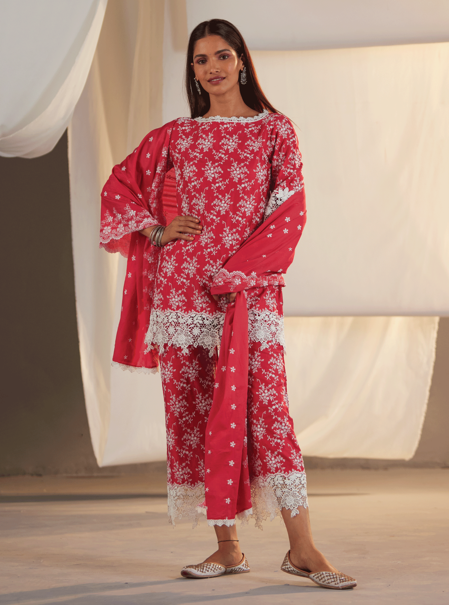 Mulmul Pima Paisley Red Kurta With Paisley Red Pant