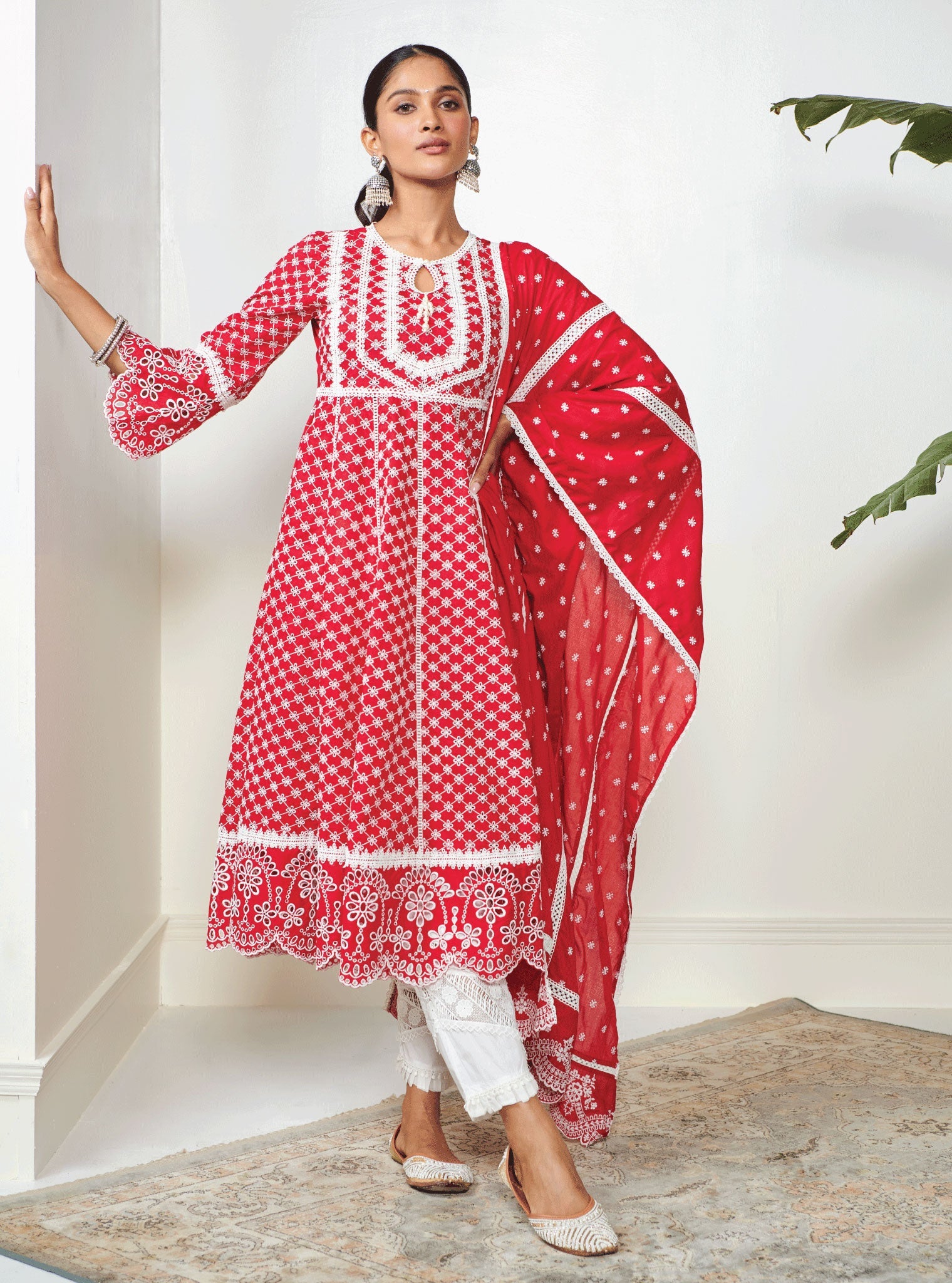 Mulmul Cotton Arris Red Anarkali Kurta With Diagonal Lace White Pant