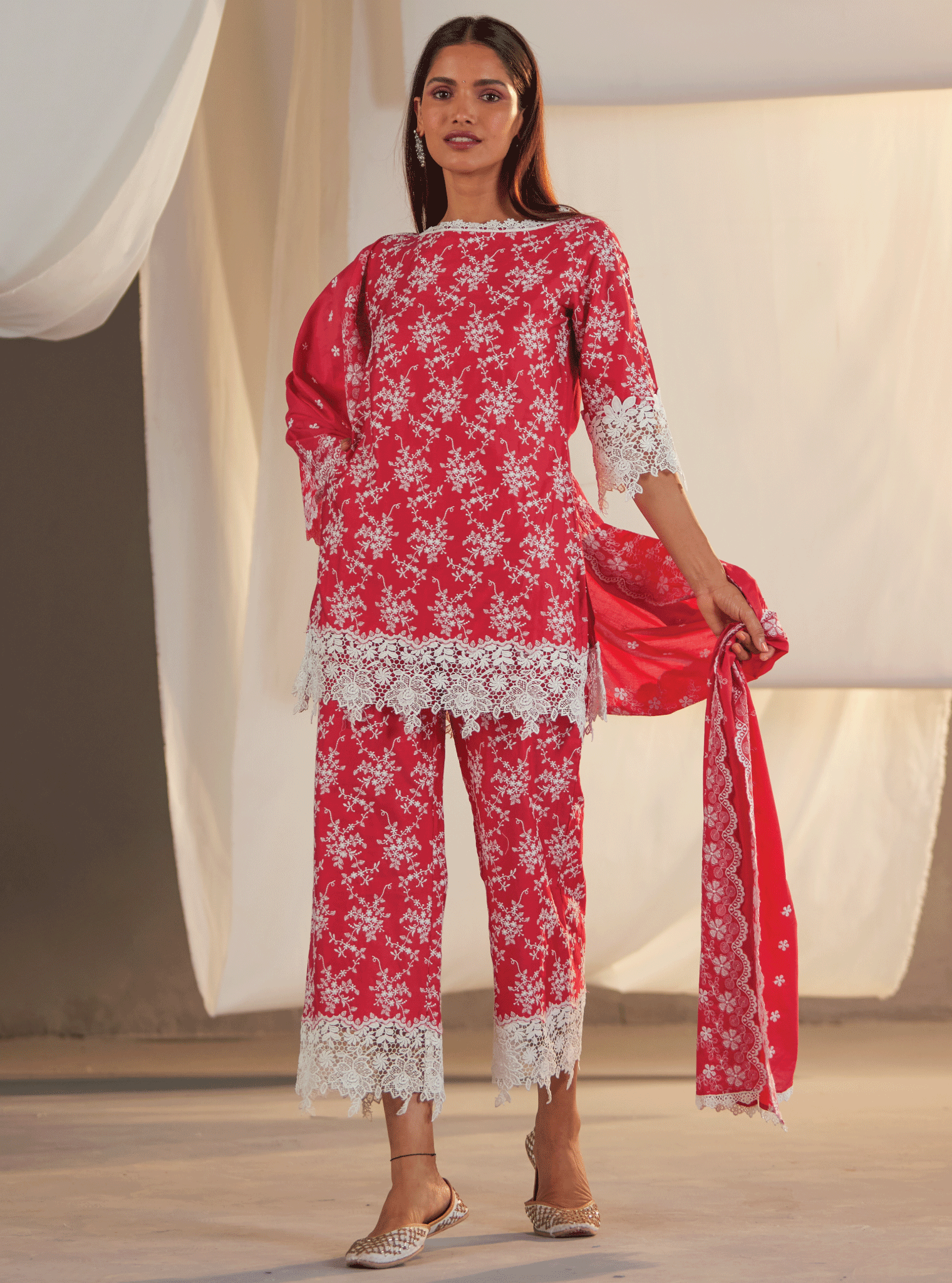 Mulmul Pima Paisley Red Kurta With Paisley Red Pant