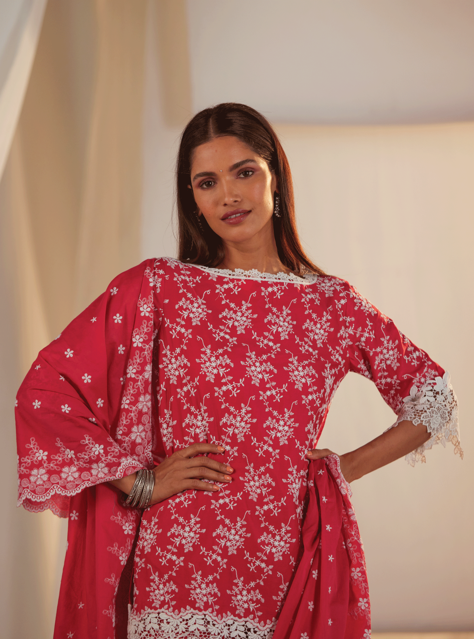 Mulmul Pima Paisley Red Kurta With Paisley Red Pant