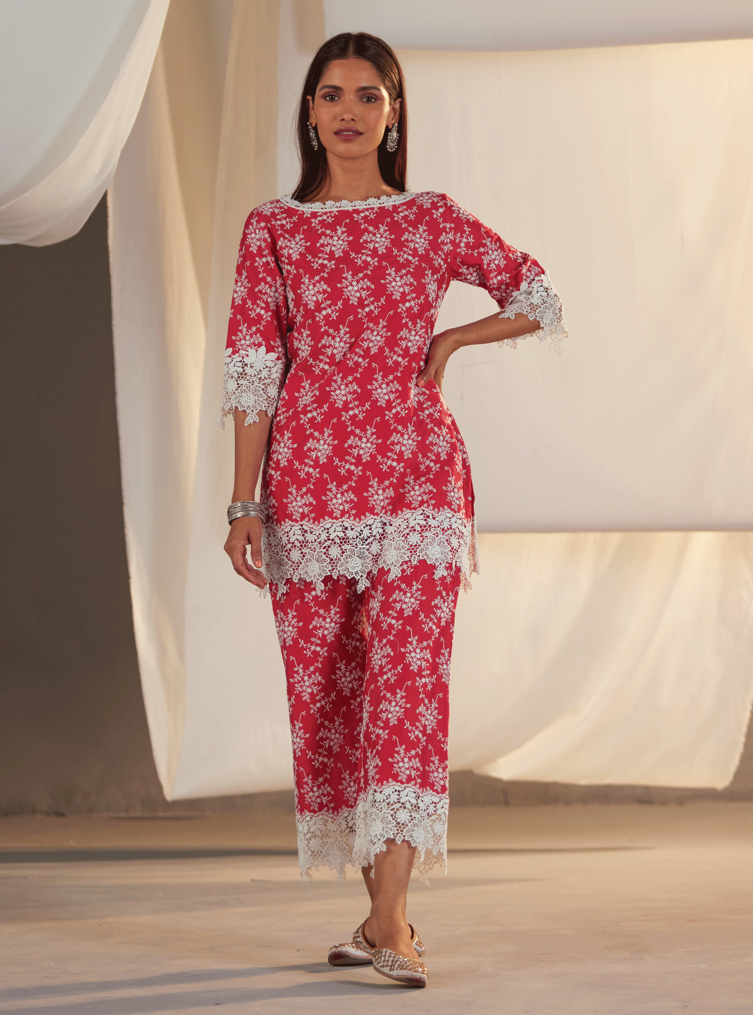 Mulmul Pima Paisley Red Kurta With Paisley Red Pant